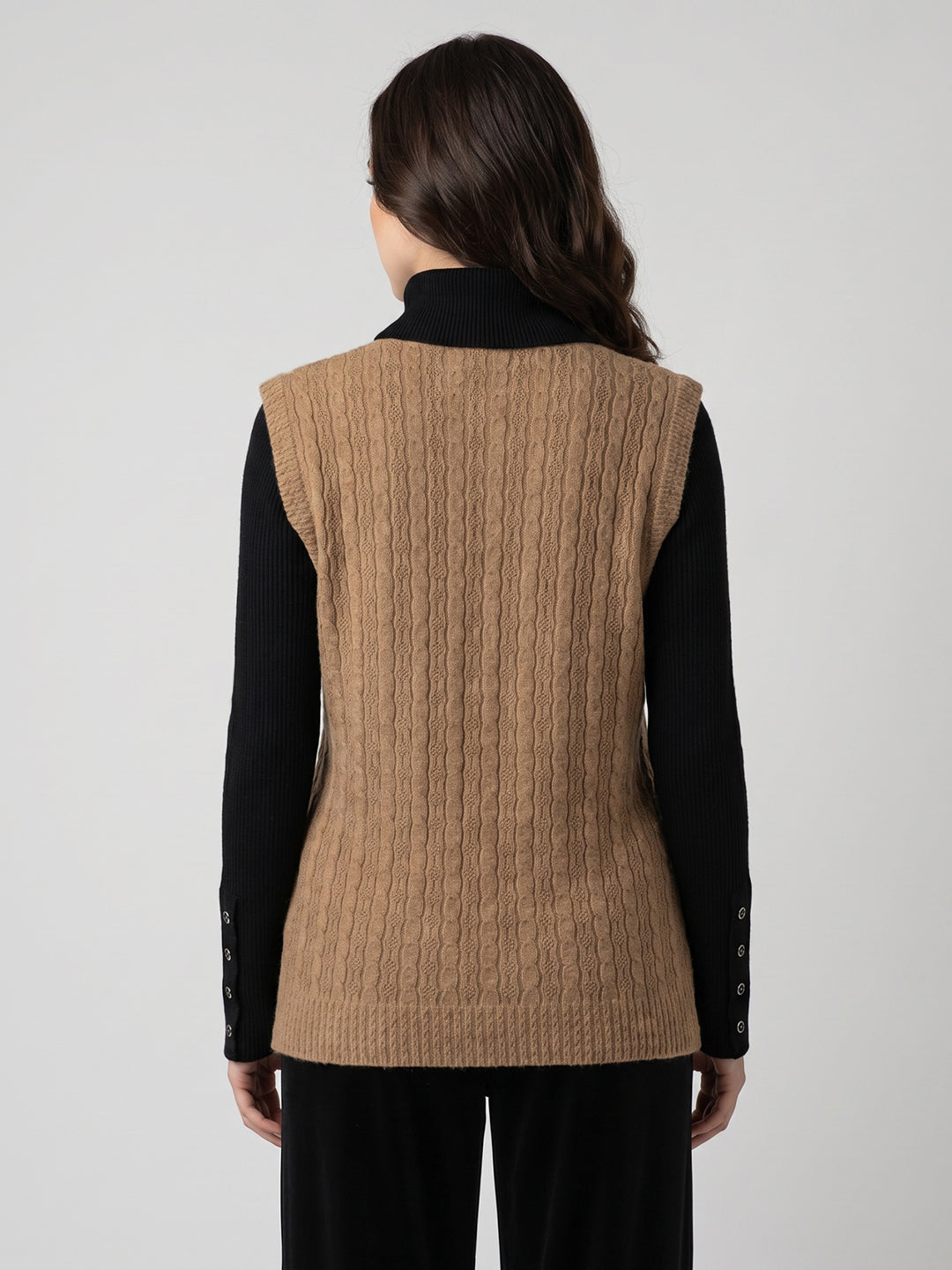 Women Camel Brown Self Design V Neck Sleeveless Cardigan
