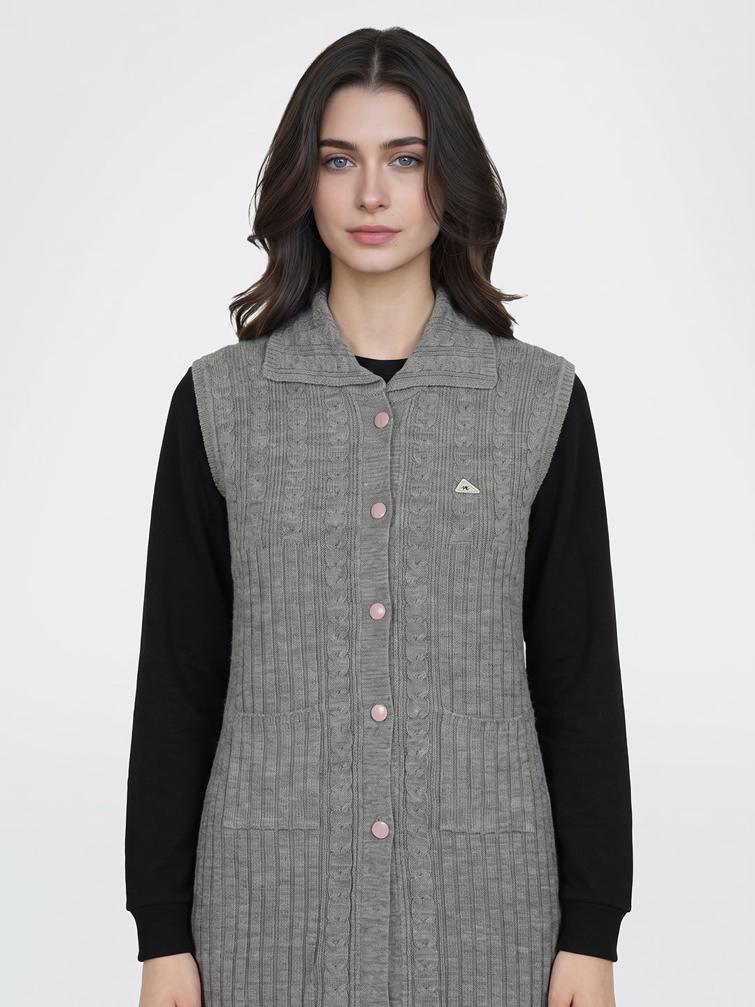 Women Grey Self Design Collar Sleeveless Long Cardigan