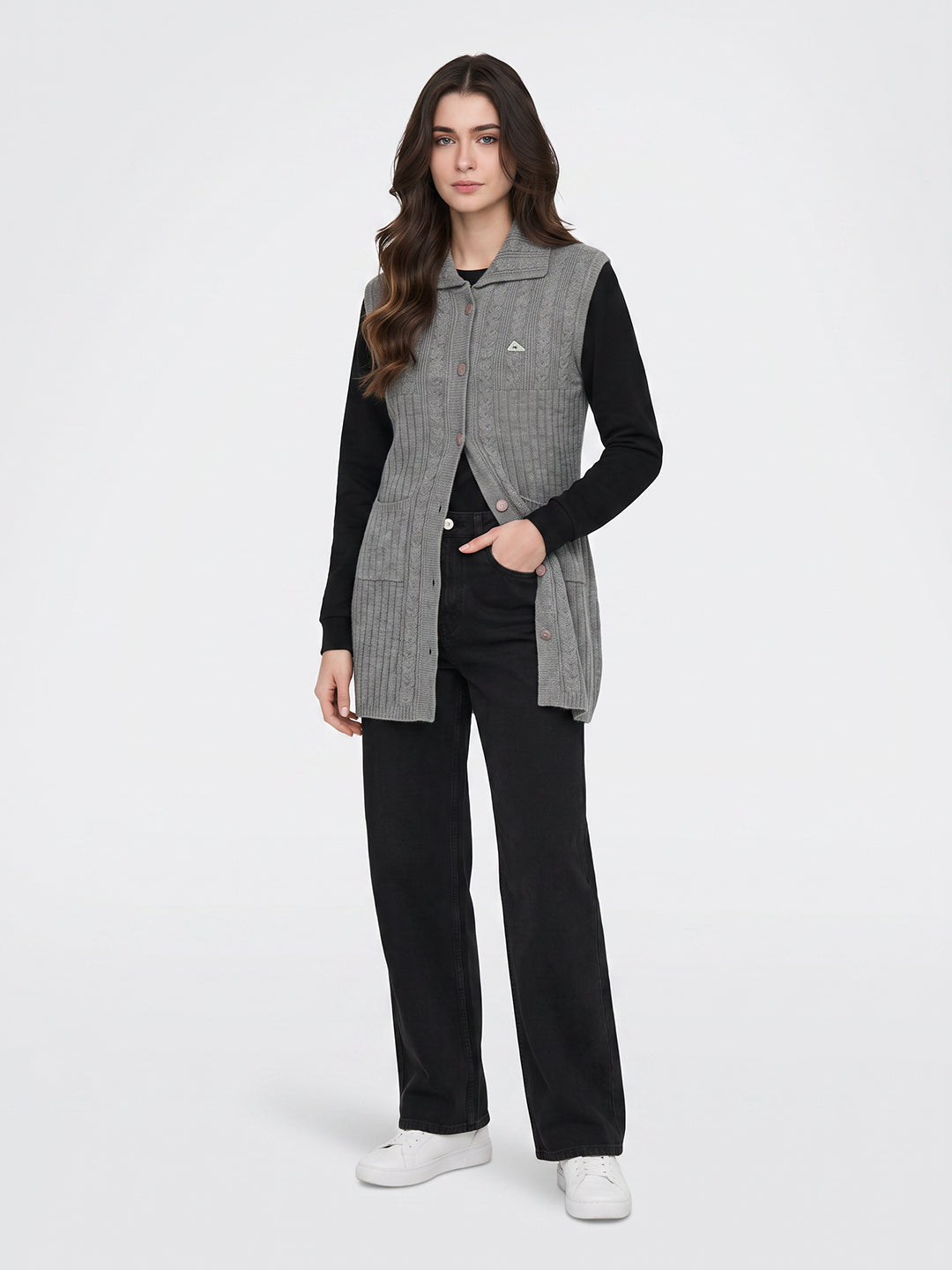 Women Grey Self Design Collar Sleeveless Long Cardigan