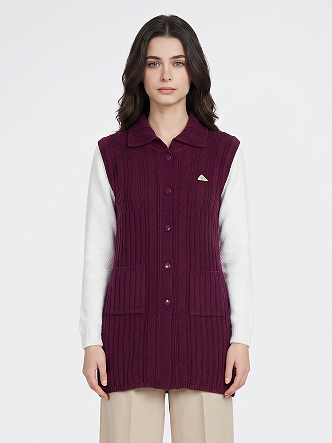Women Purple Self Design Collar Sleeveless Long Cardigan