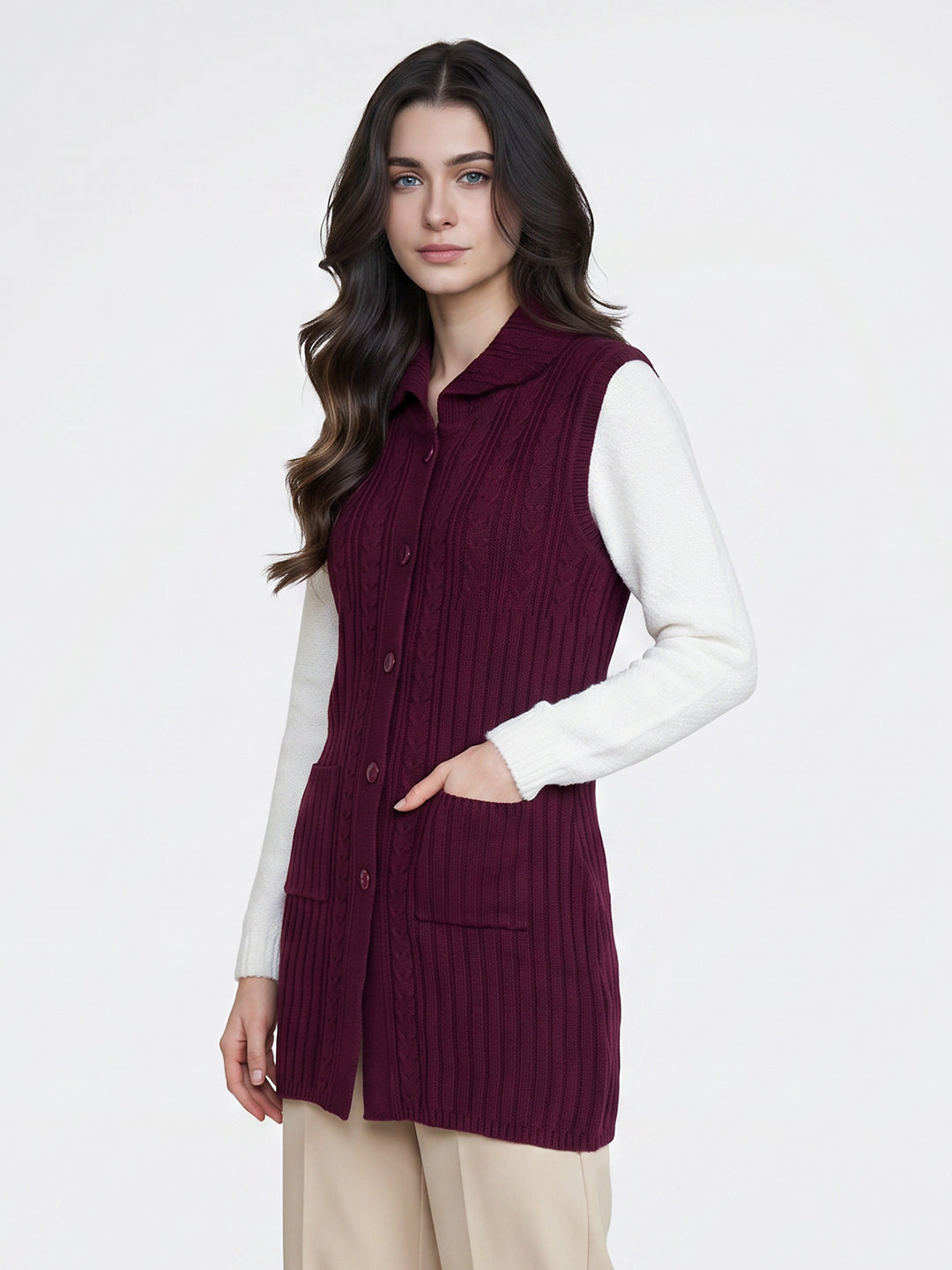 Women Purple Self Design Collar Sleeveless Long Cardigan