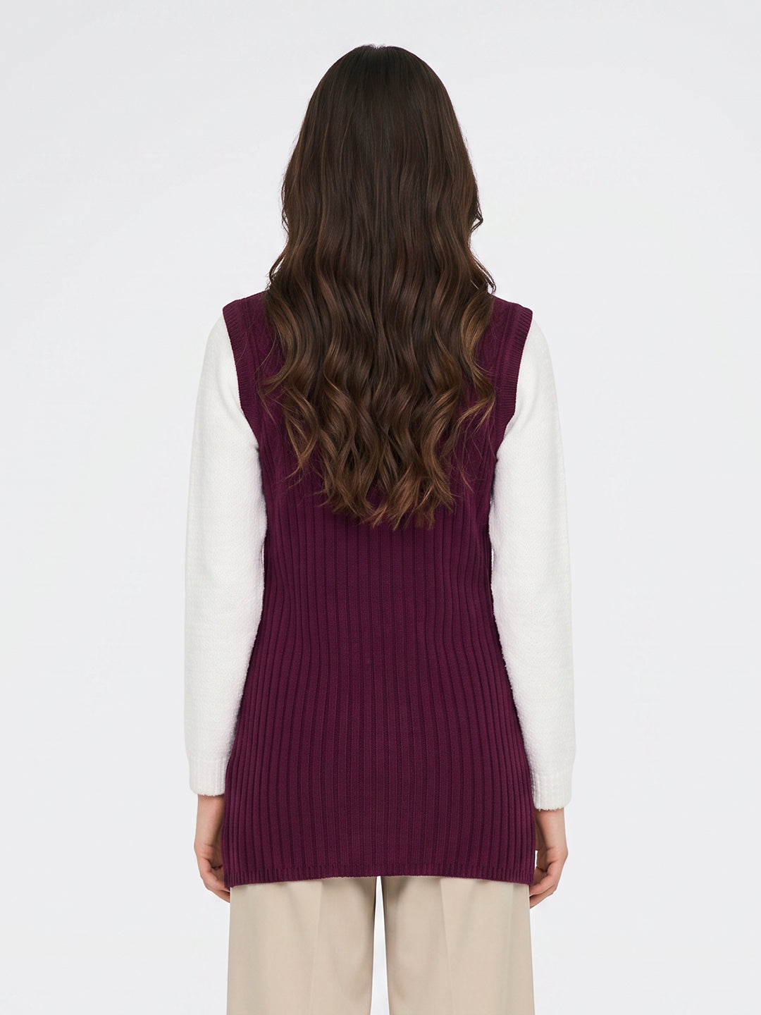 Women Purple Self Design Collar Sleeveless Long Cardigan