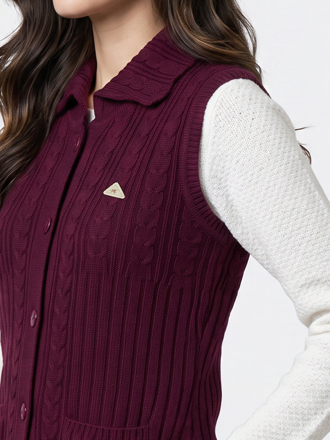 Women Purple Self Design Collar Sleeveless Long Cardigan