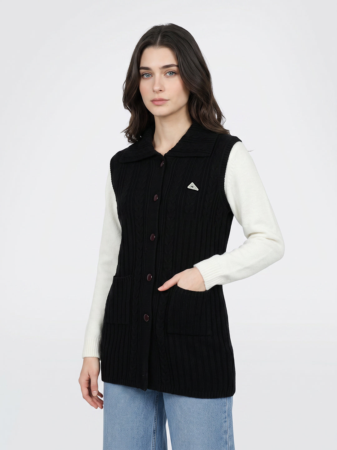 Women Black Self Design Collar Sleeveless Long Cardigan