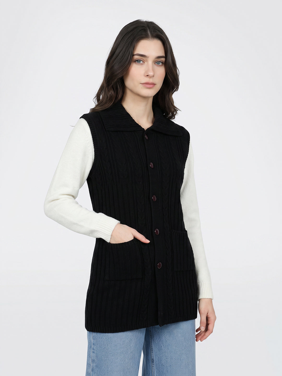 Women Black Self Design Collar Sleeveless Long Cardigan