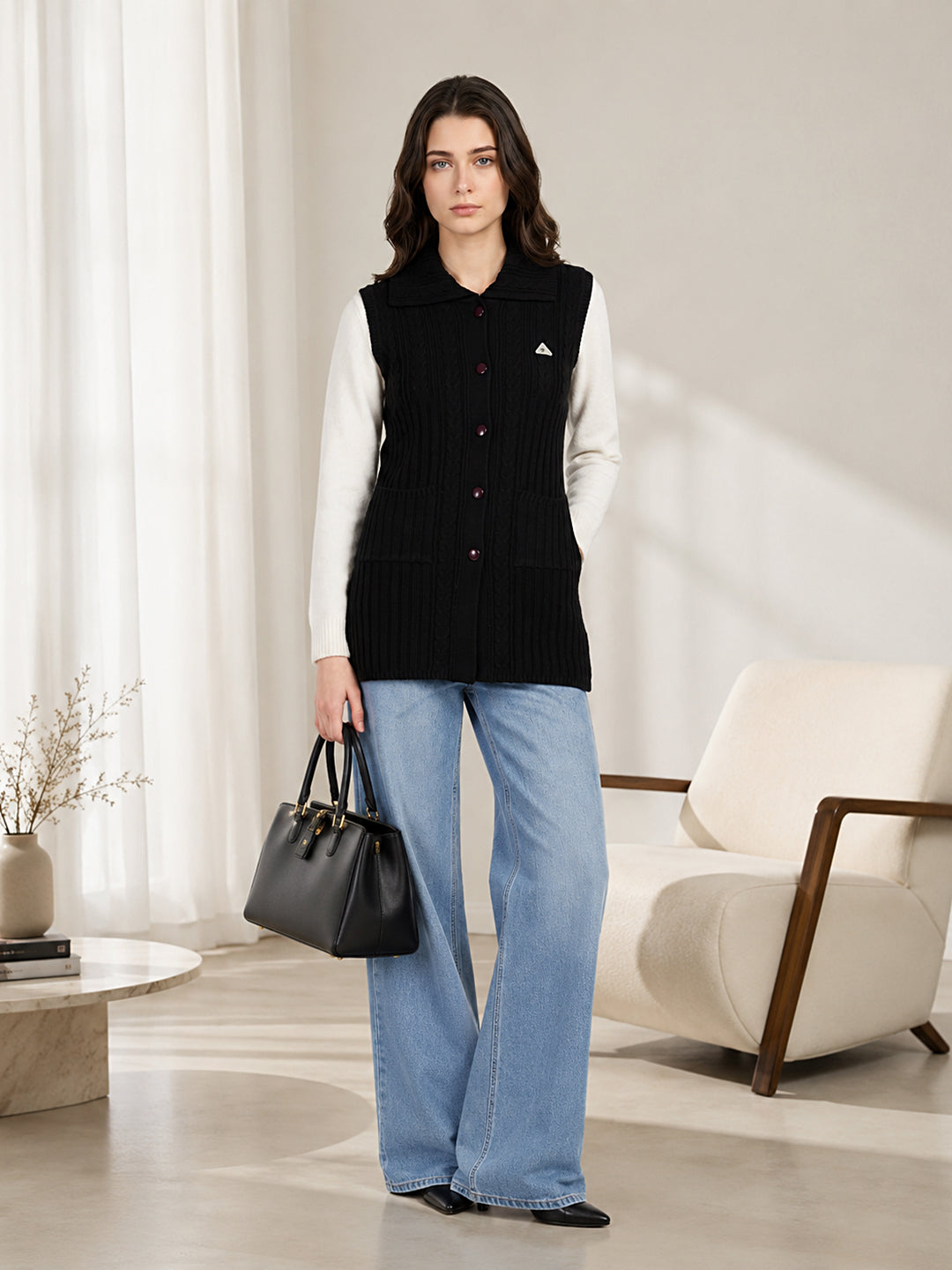 Women Black Self Design Collar Sleeveless Long Cardigan