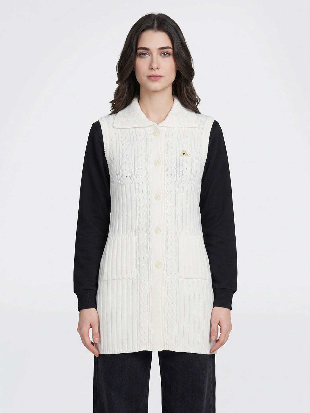 Women Off White Self Design Collar Sleeveless Cardigan