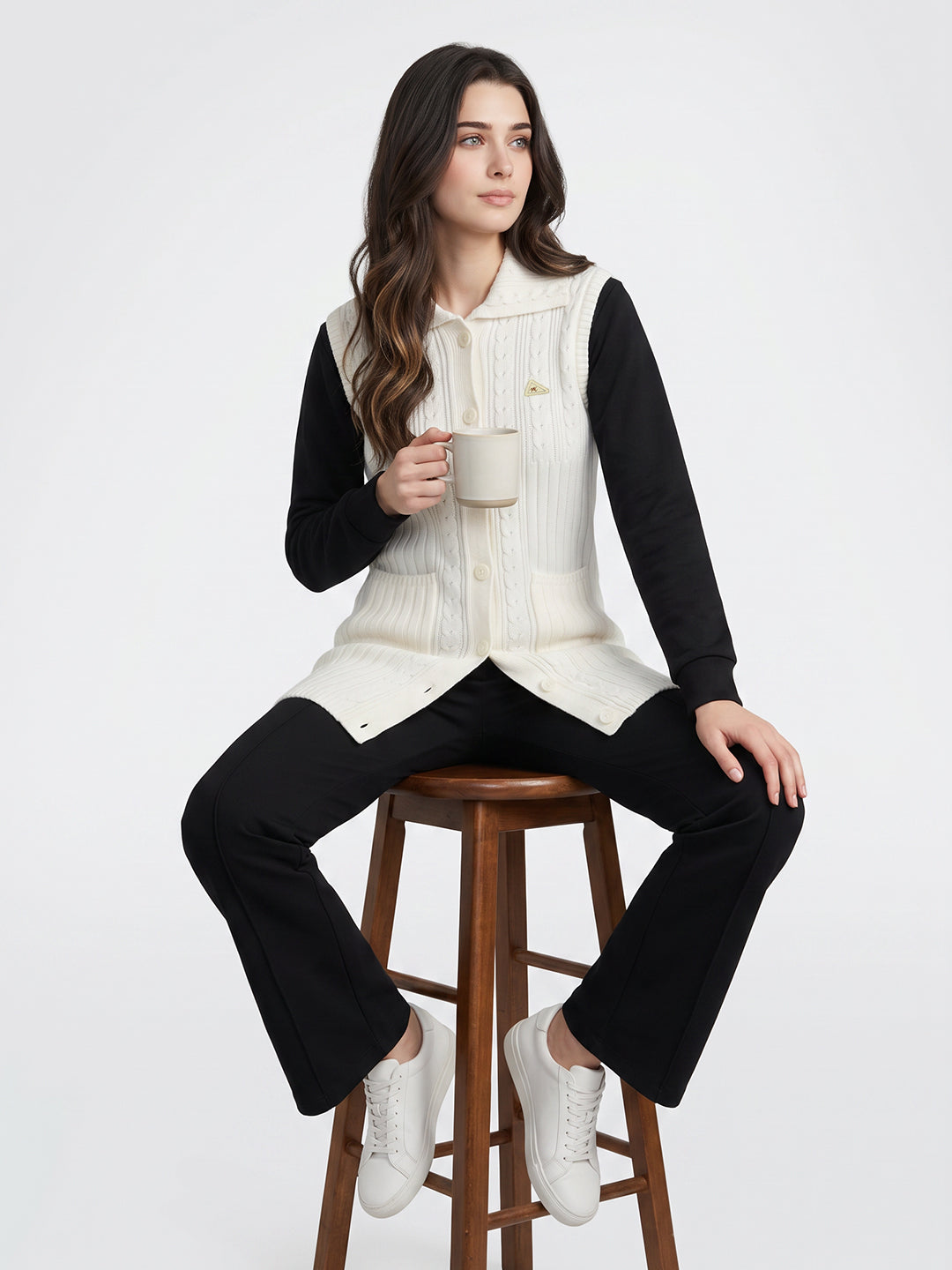 Women Off White Self Design Collar Sleeveless Cardigan