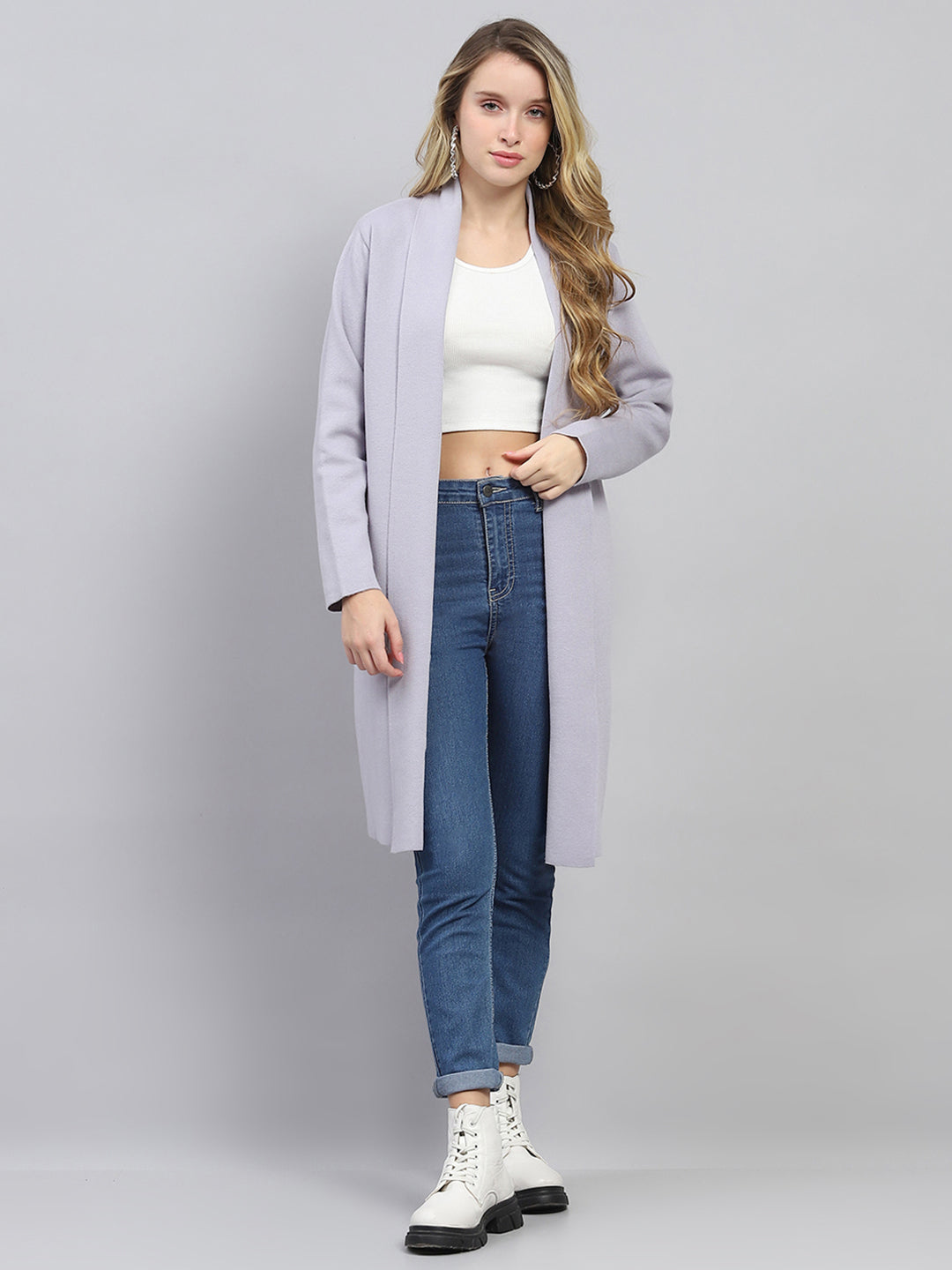 Women Grey Self Design Front Open Full Sleeve Cardigan