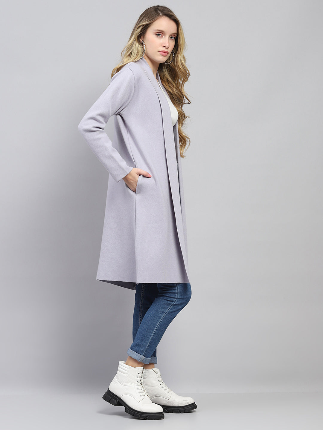 Women Grey Self Design Front Open Full Sleeve Cardigan