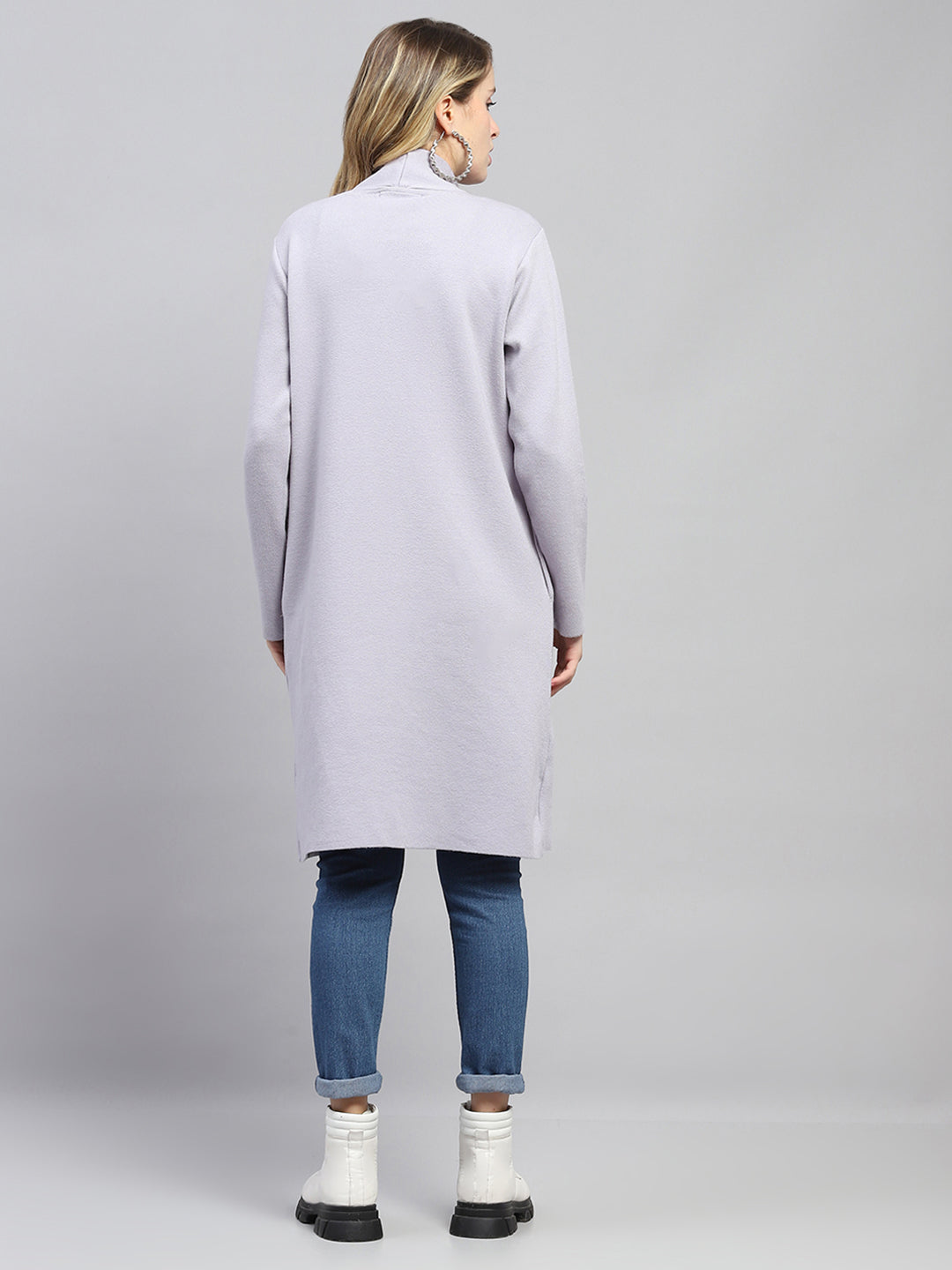 Women Grey Self Design Front Open Full Sleeve Cardigan