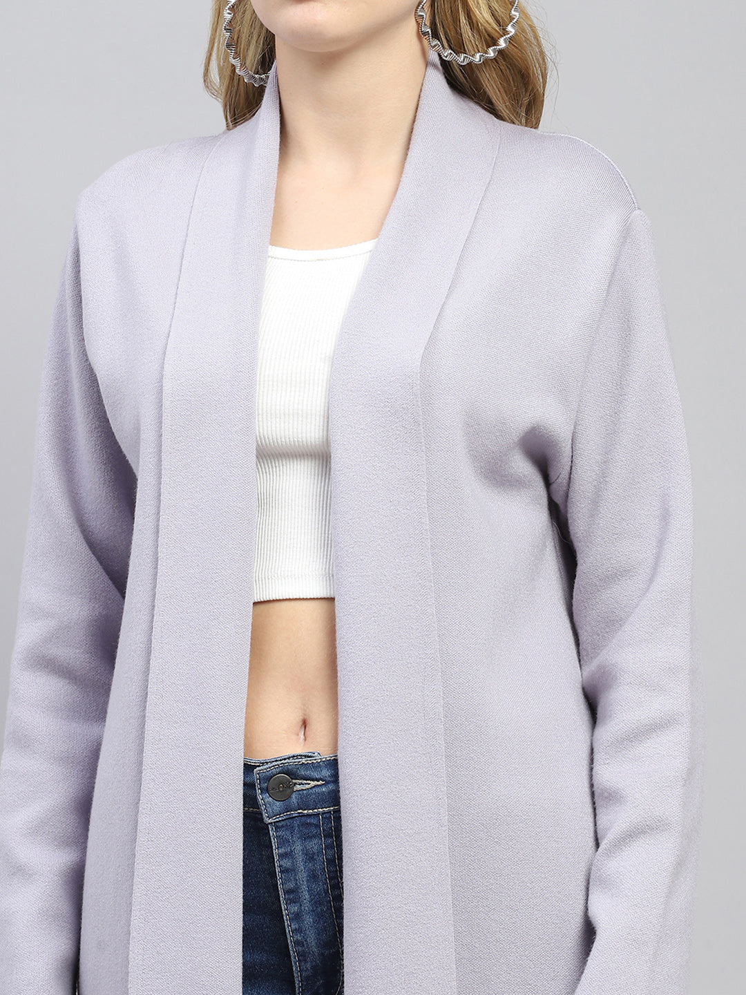 Women Grey Self Design Front Open Full Sleeve Cardigan