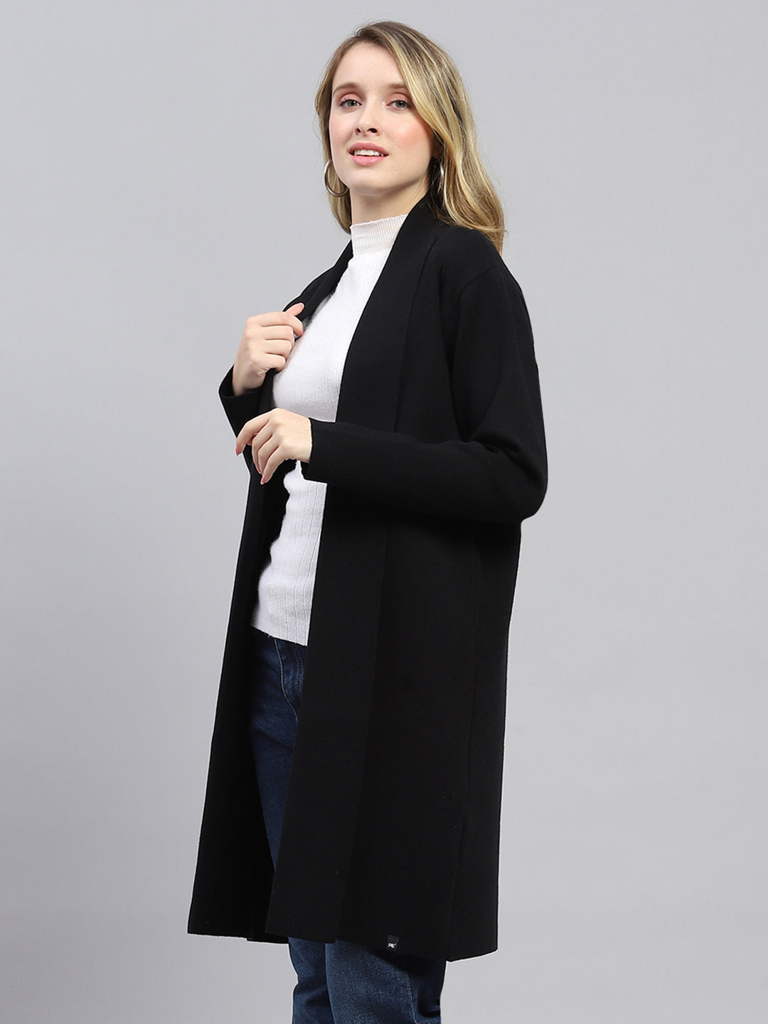 Women Black Self Design Front Open Full Sleeve Cardigan