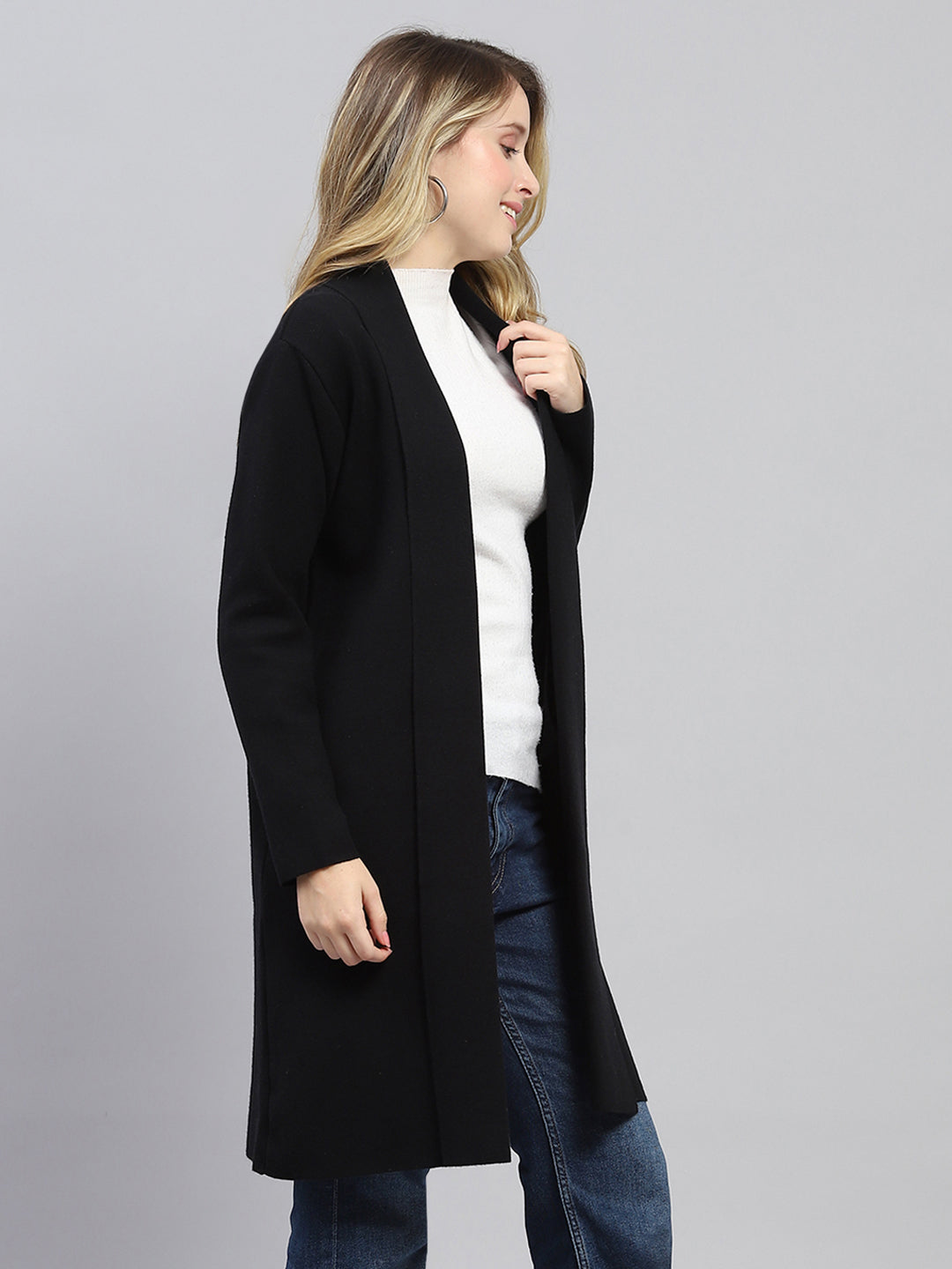 Women Black Self Design Front Open Full Sleeve Cardigan