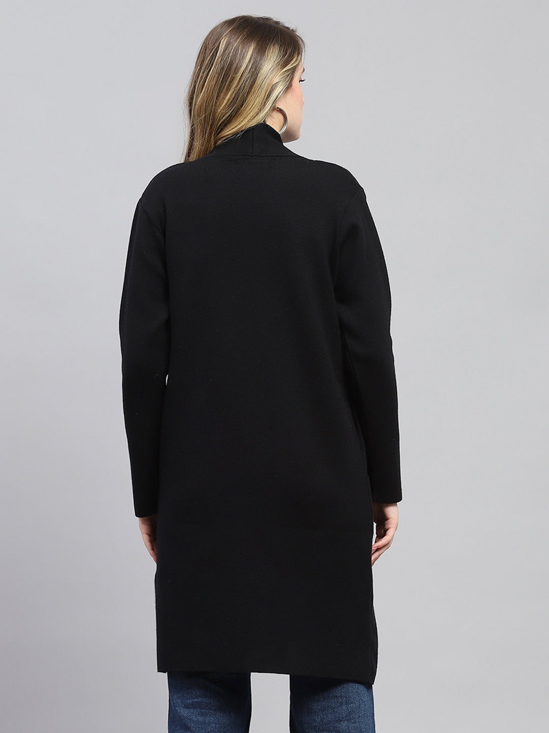 Women Black Self Design Front Open Full Sleeve Cardigan