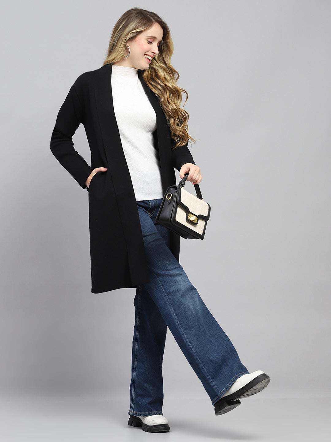 Women Black Self Design Front Open Full Sleeve Cardigan