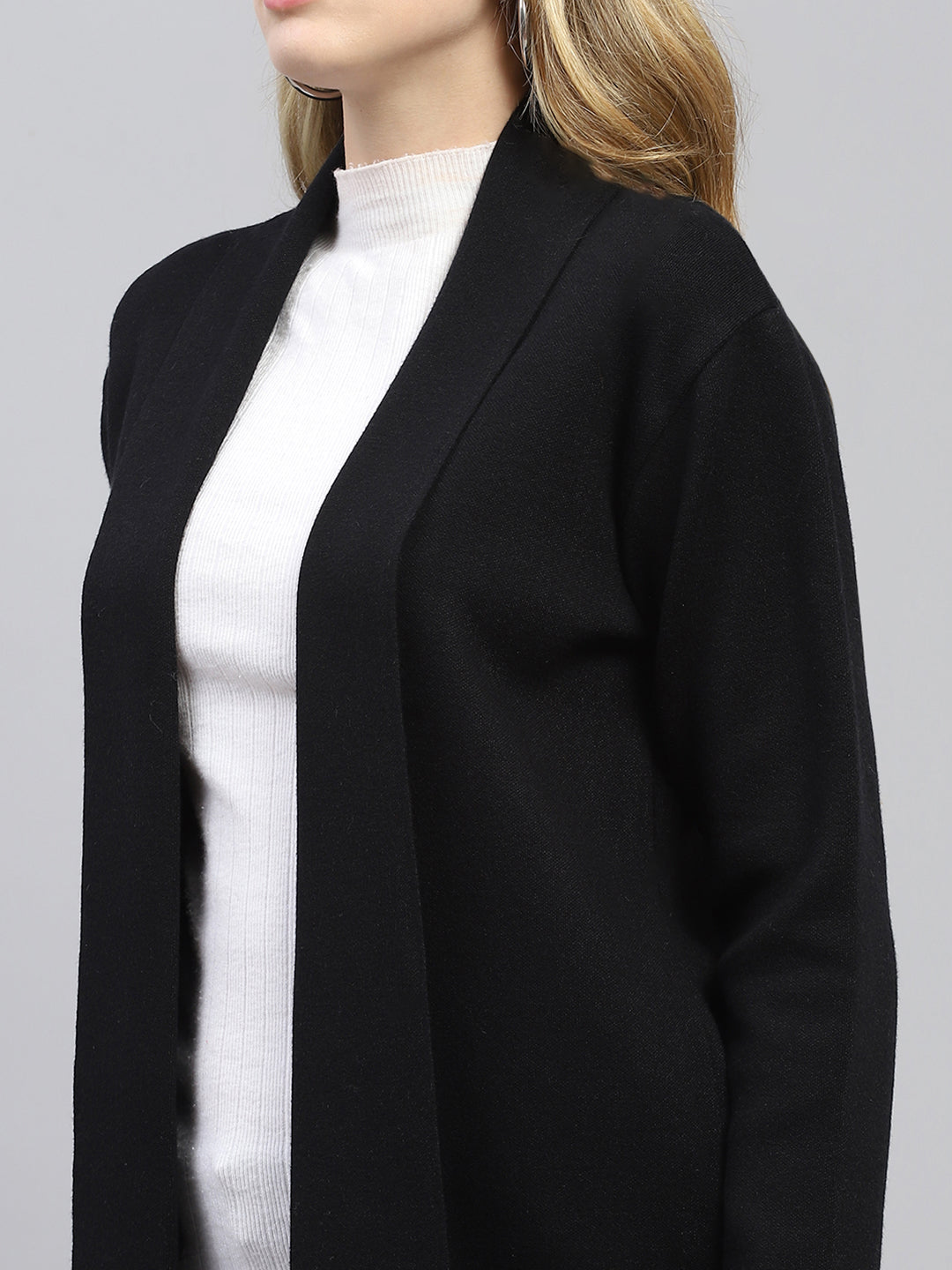 Women Black Self Design Front Open Full Sleeve Cardigan
