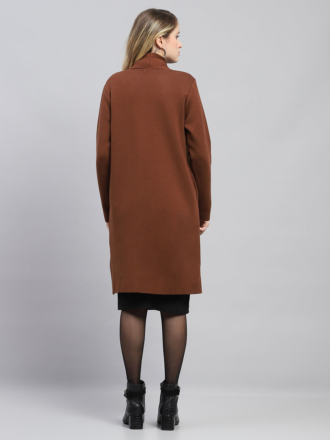 Women Brown Self Design Front Open Full Sleeve Cardigan
