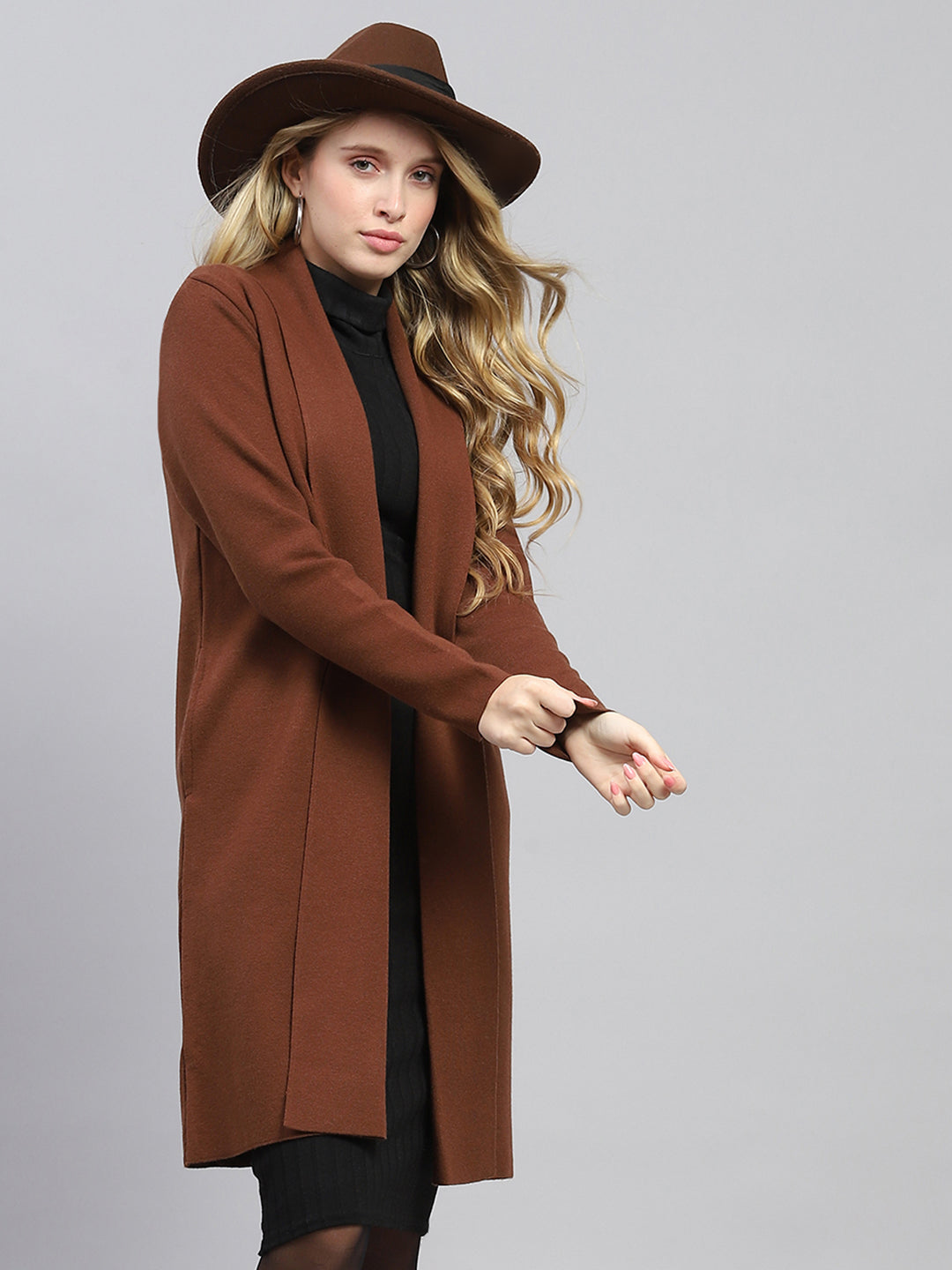 Women Brown Self Design Front Open Full Sleeve Cardigan