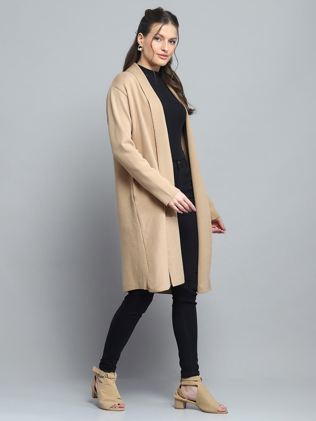 Women Camel Brown Solid Notch Lapel Collar Full Sleeve Cardigan