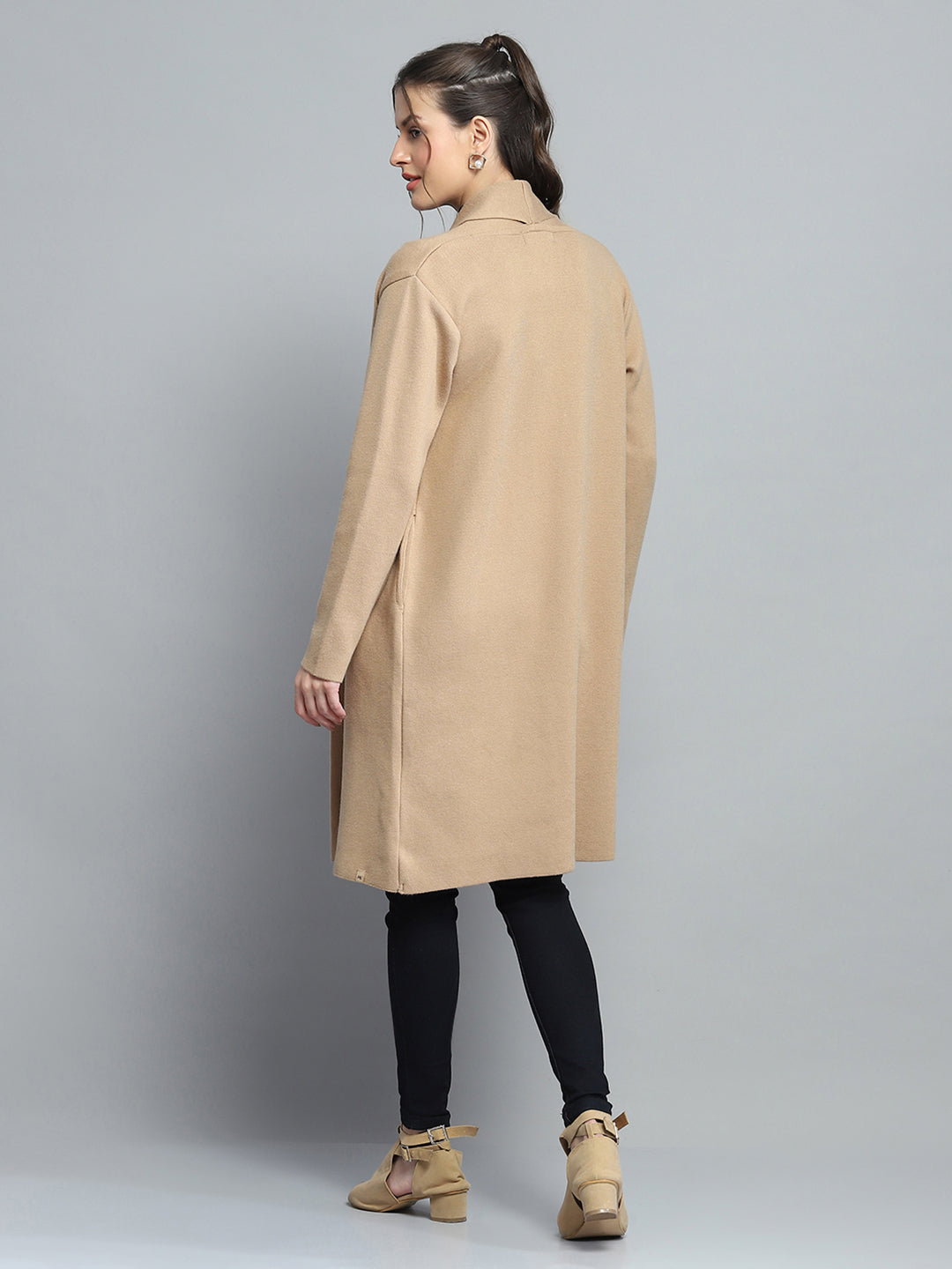 Women Camel Brown Solid Notch Lapel Collar Full Sleeve Cardigan