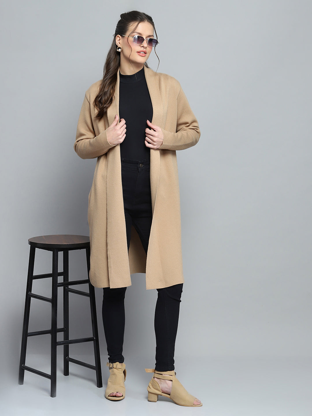 Women Camel Brown Solid Notch Lapel Collar Full Sleeve Cardigan
