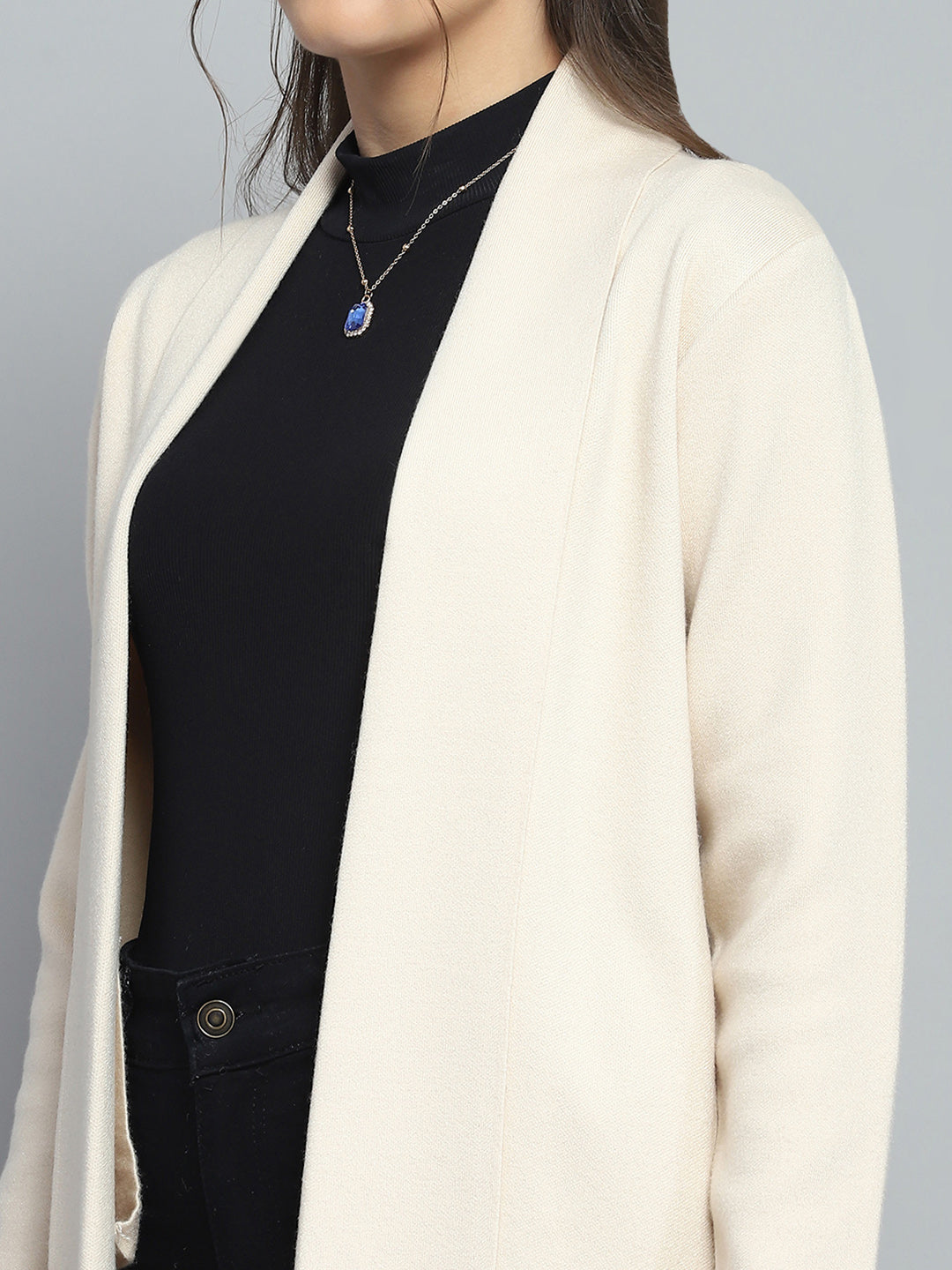 Women Beige Solid Notch Lapel Collar Full Sleeve Cardigan