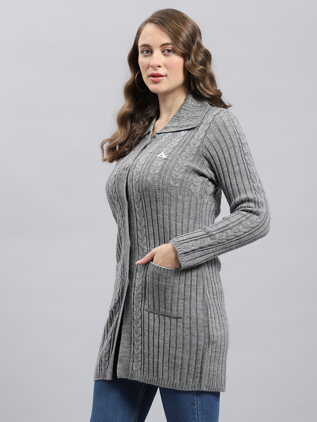 Women Grey Self Design Collar Full Sleeve Cardigan