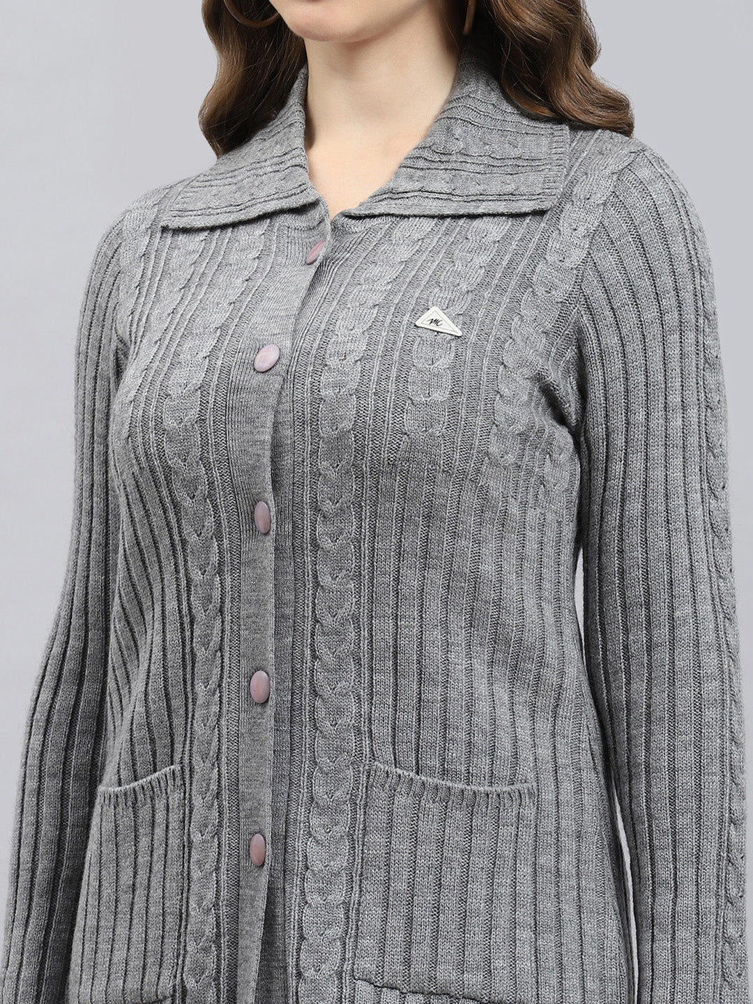 Women Grey Self Design Collar Full Sleeve Cardigan