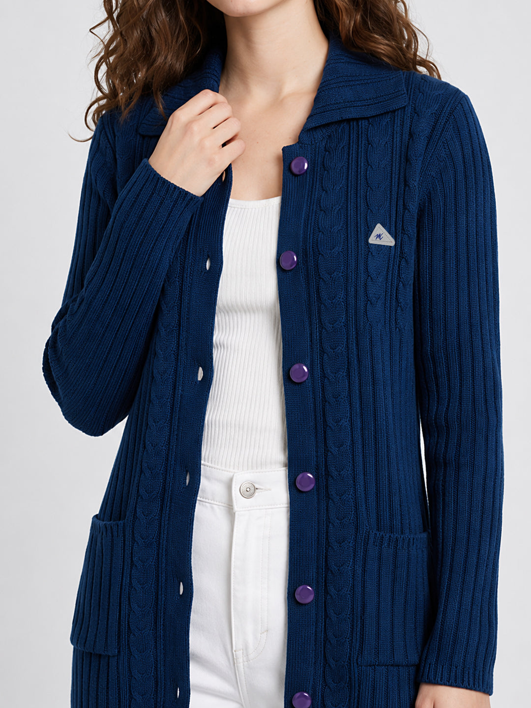 Women Blue Self Design Collar Full Sleeve Cardigan
