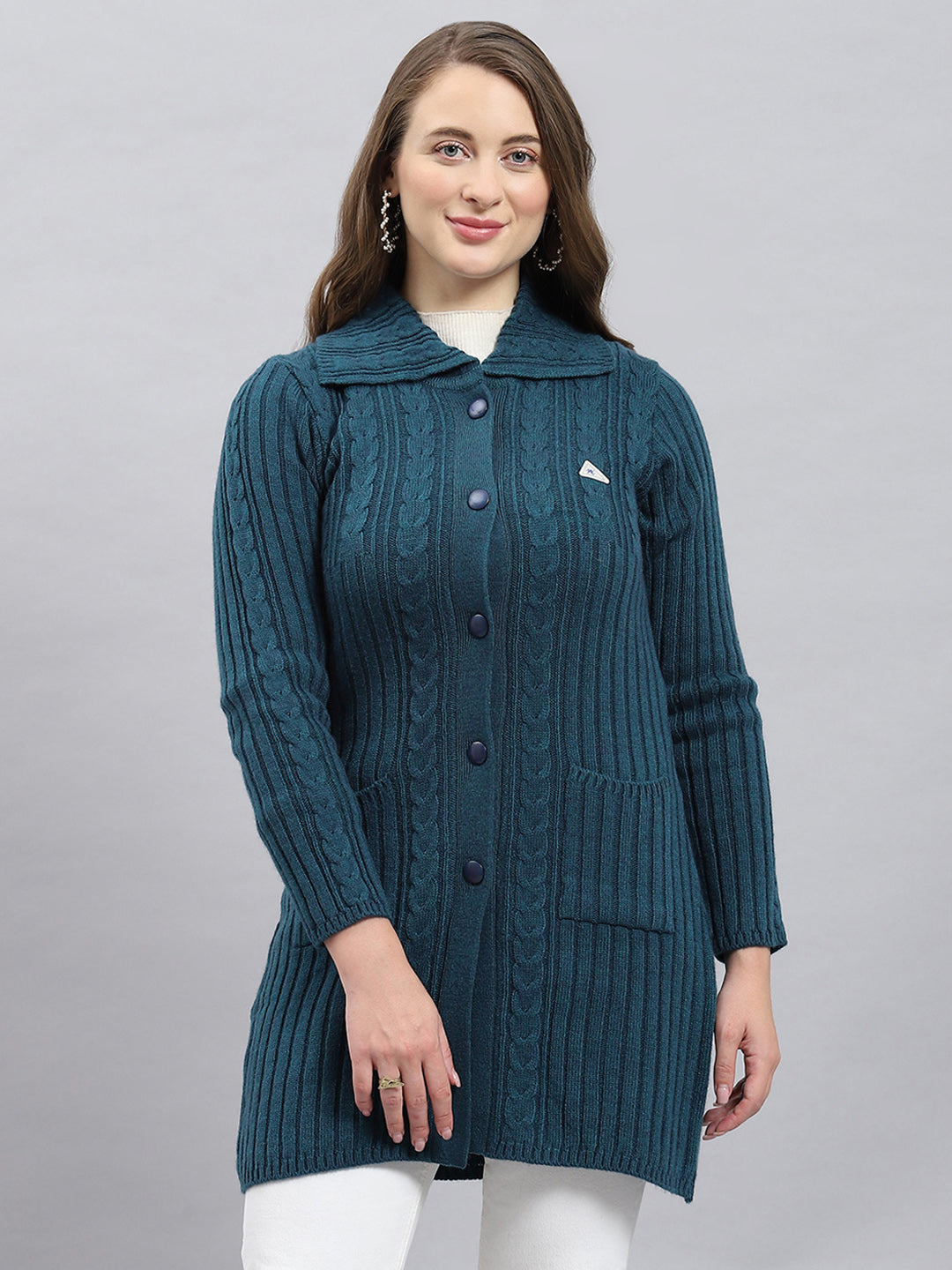 Women Green Self Design Collar Full Sleeve Cardigan