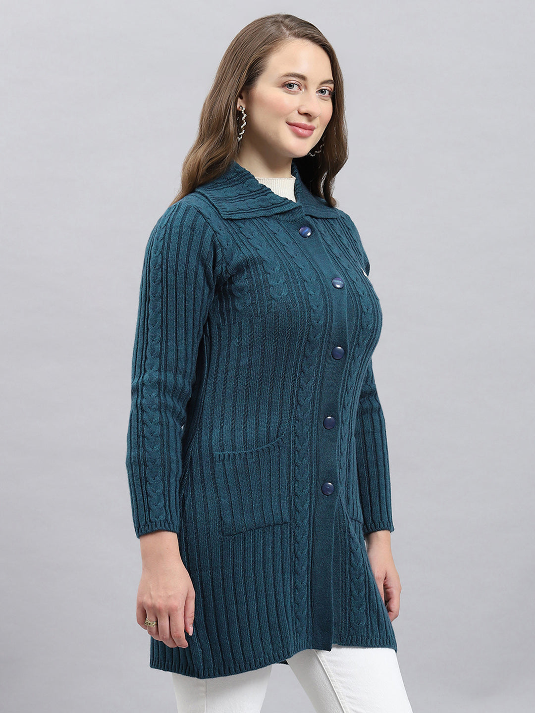 Women Green Self Design Collar Full Sleeve Cardigan