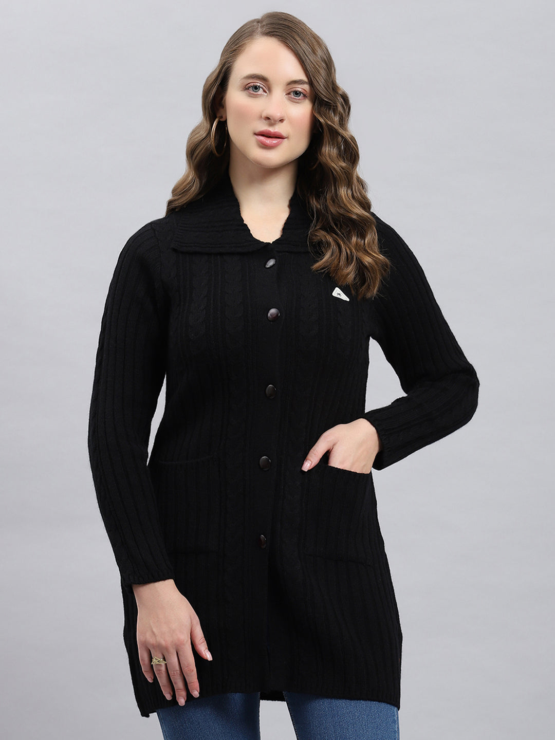 Women Black Self Design Collar Full Sleeve Cardigan