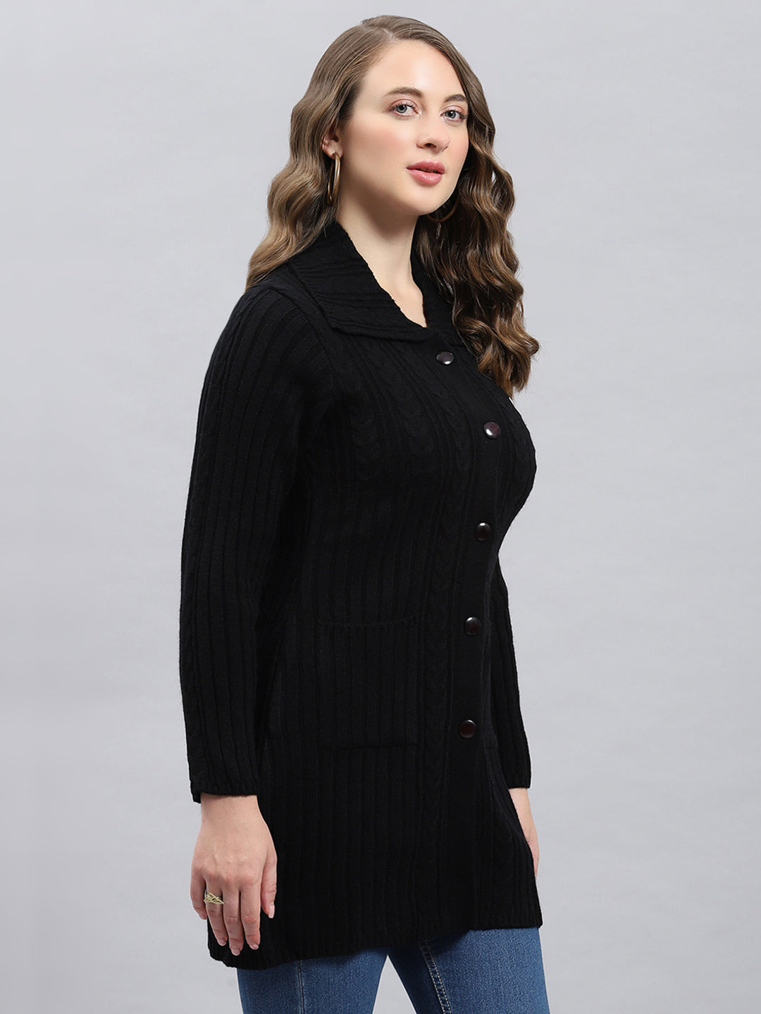 Women Black Self Design Collar Full Sleeve Cardigan