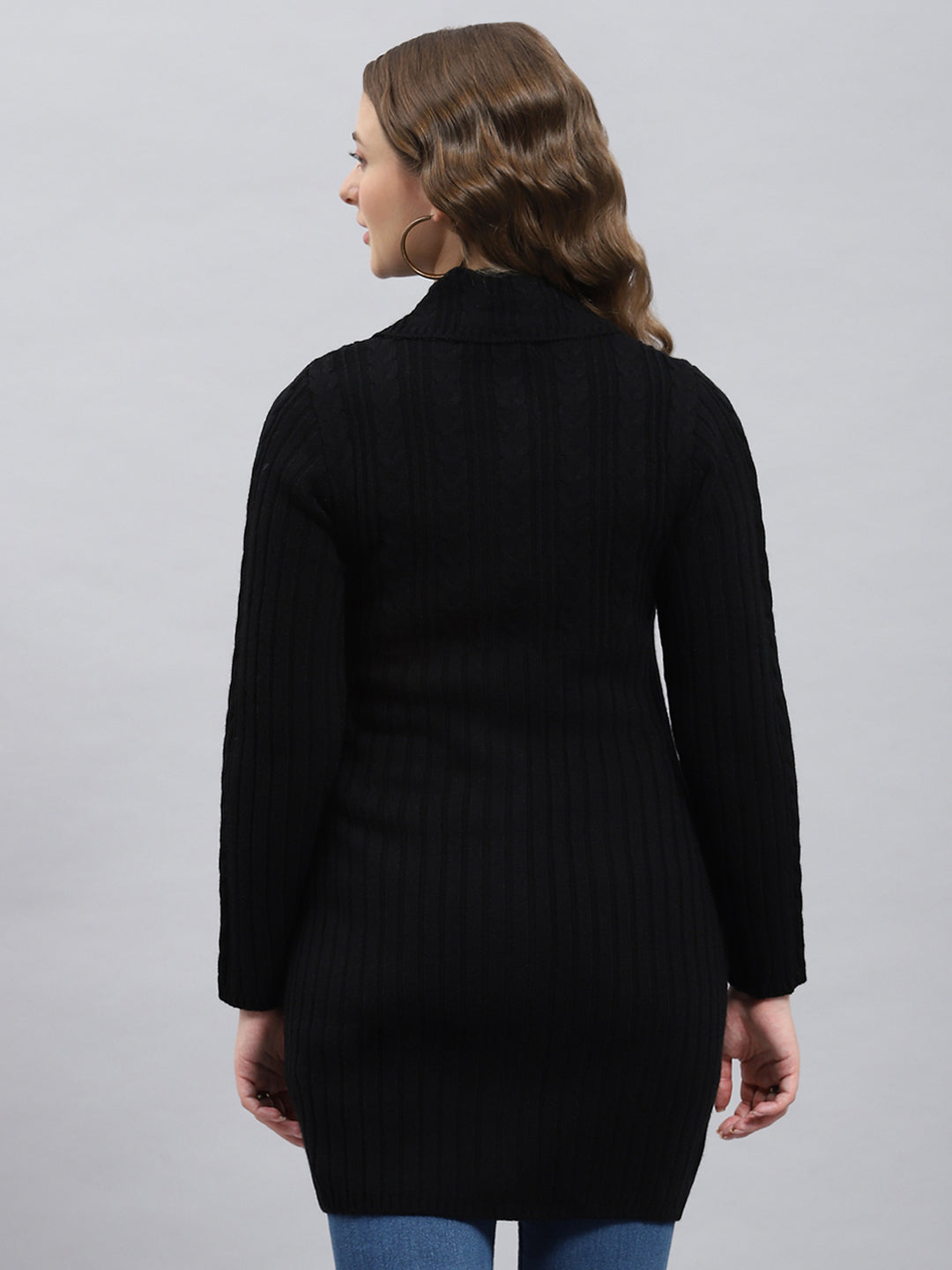 Women Black Self Design Collar Full Sleeve Cardigan