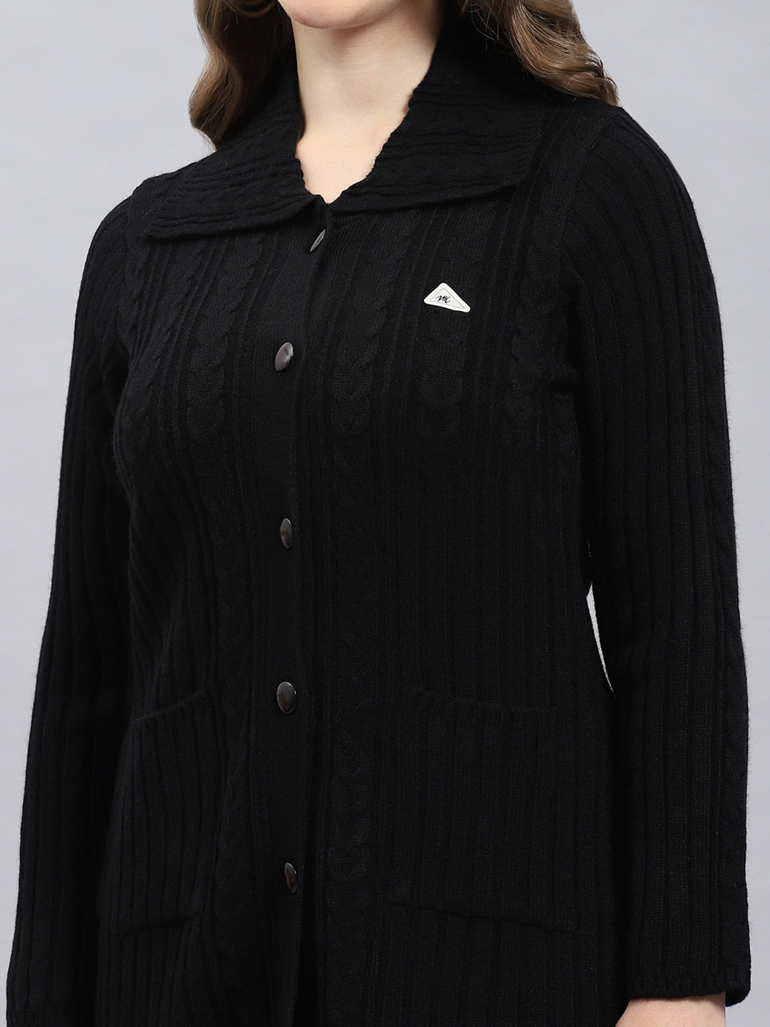 Women Black Self Design Collar Full Sleeve Cardigan