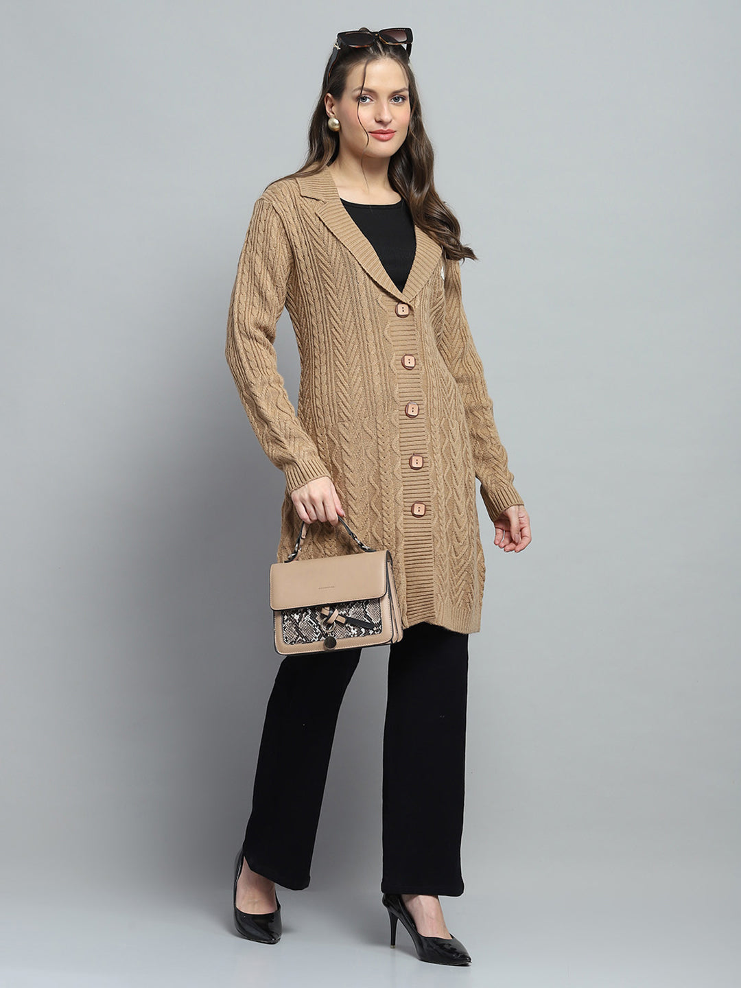 Women Brown Self Design Notch Lapel Collar Full Sleeve Cardigan