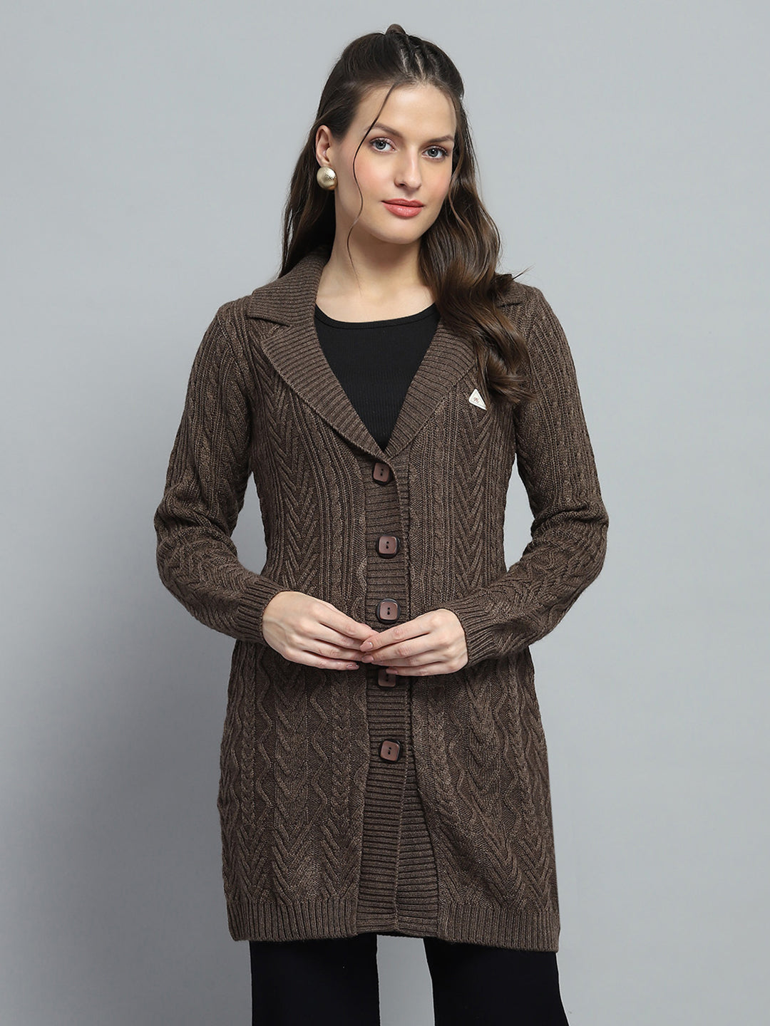 Women Brown Self Design Notch Lapel Collar Full Sleeve Cardigan