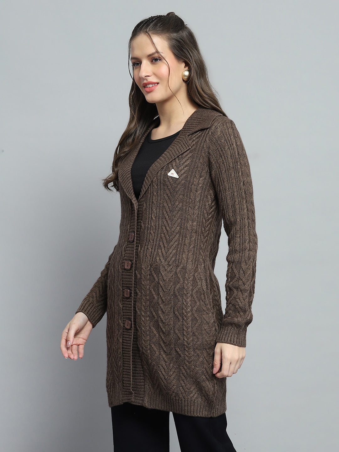 Women Brown Self Design Notch Lapel Collar Full Sleeve Cardigan