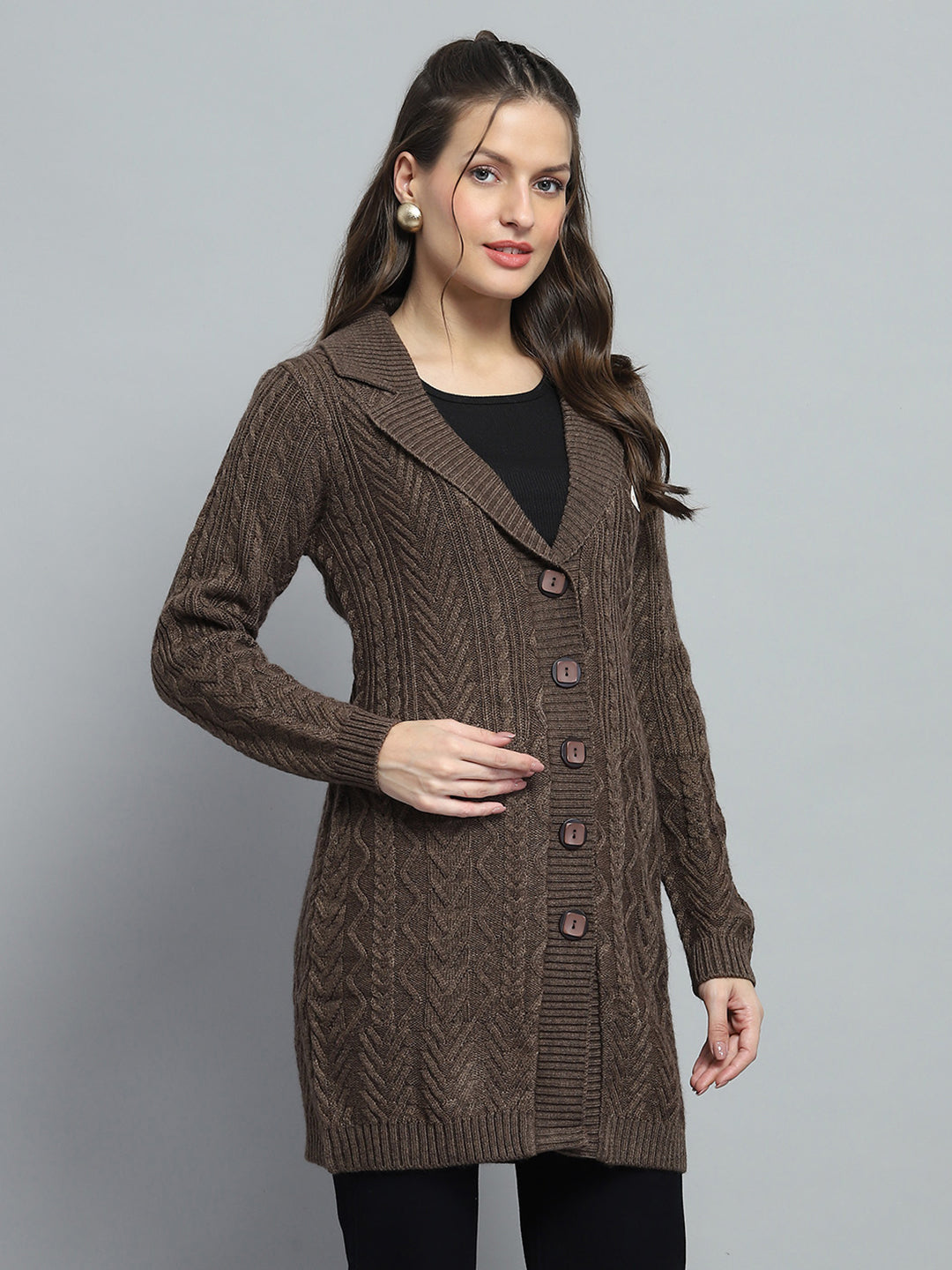 Women Brown Self Design Notch Lapel Collar Full Sleeve Cardigan