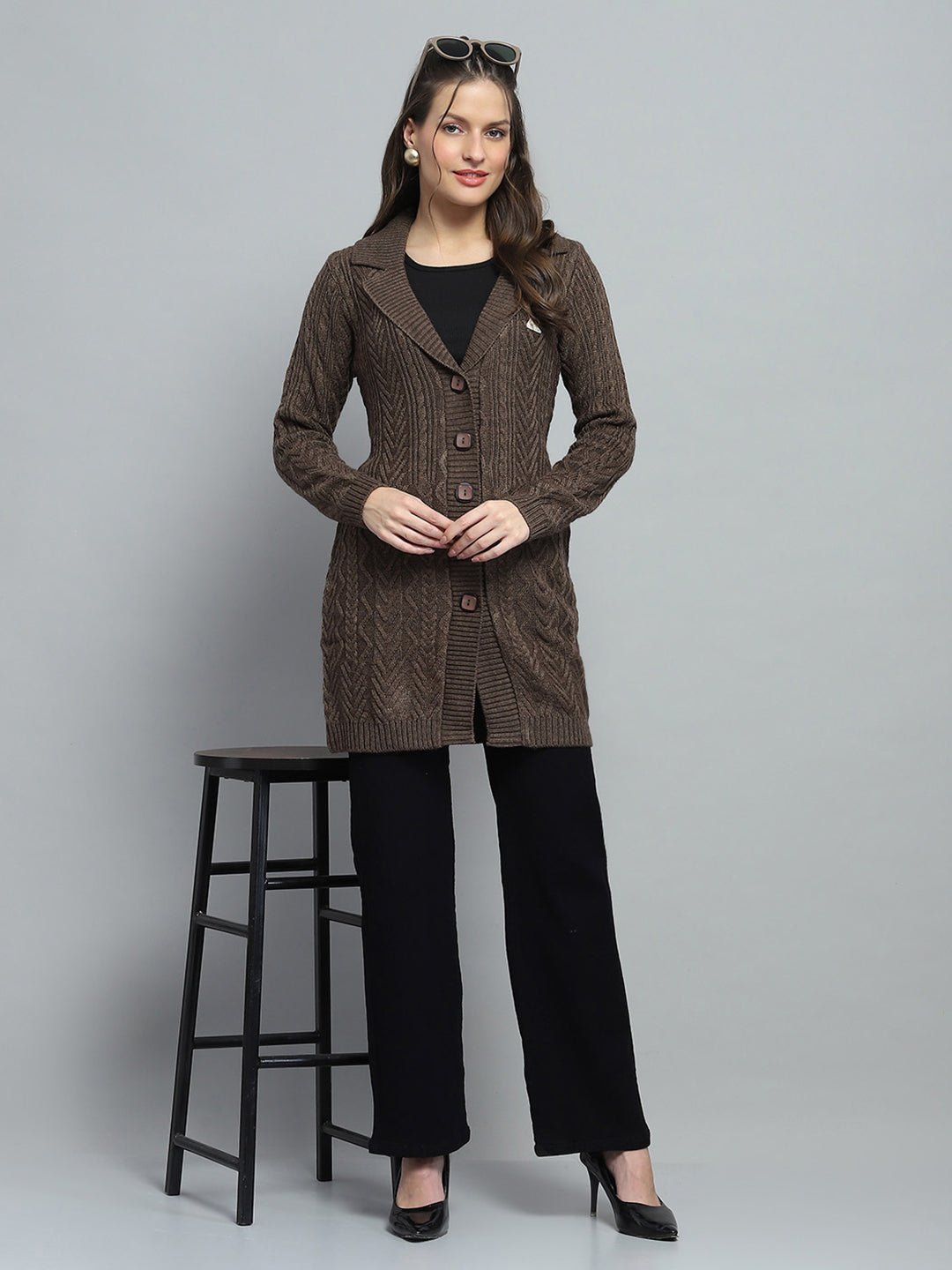 Women Brown Self Design Notch Lapel Collar Full Sleeve Cardigan