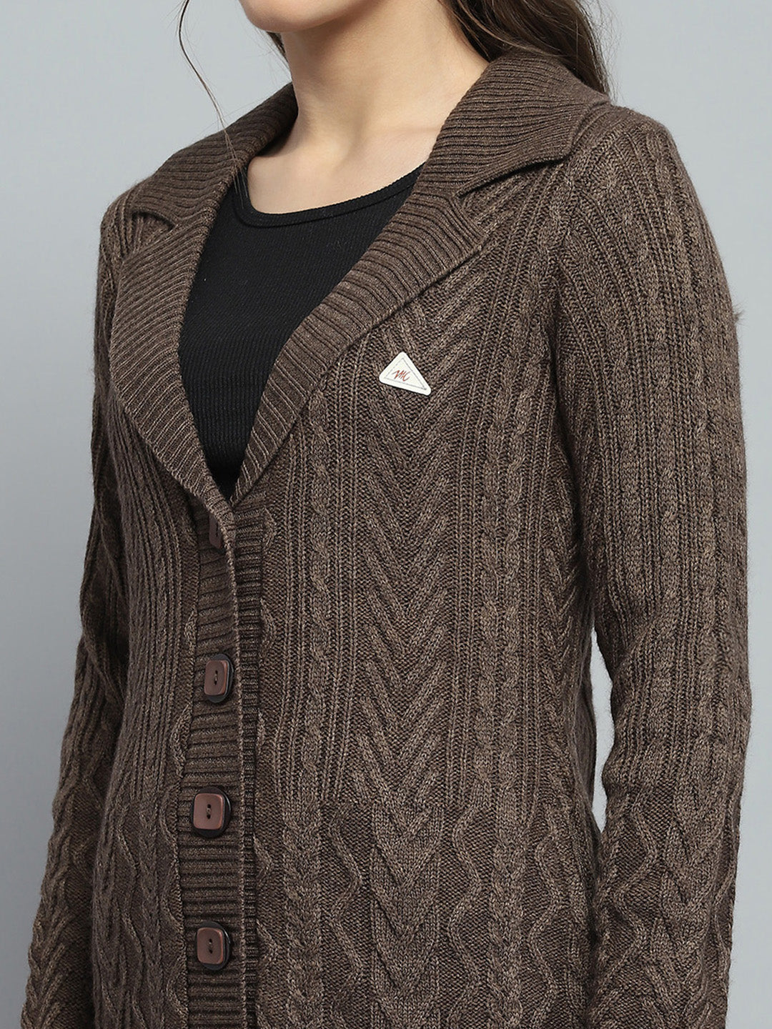 Women Brown Self Design Notch Lapel Collar Full Sleeve Cardigan