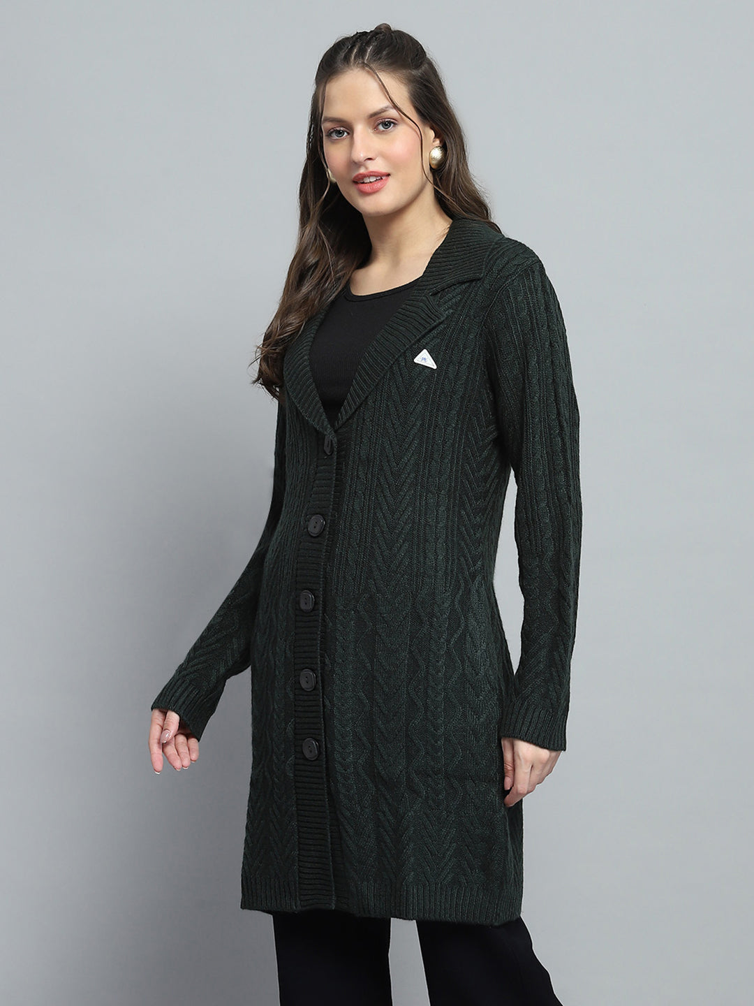 Women Green Self Design Notch Lapel Collar Full Sleeve Cardigan