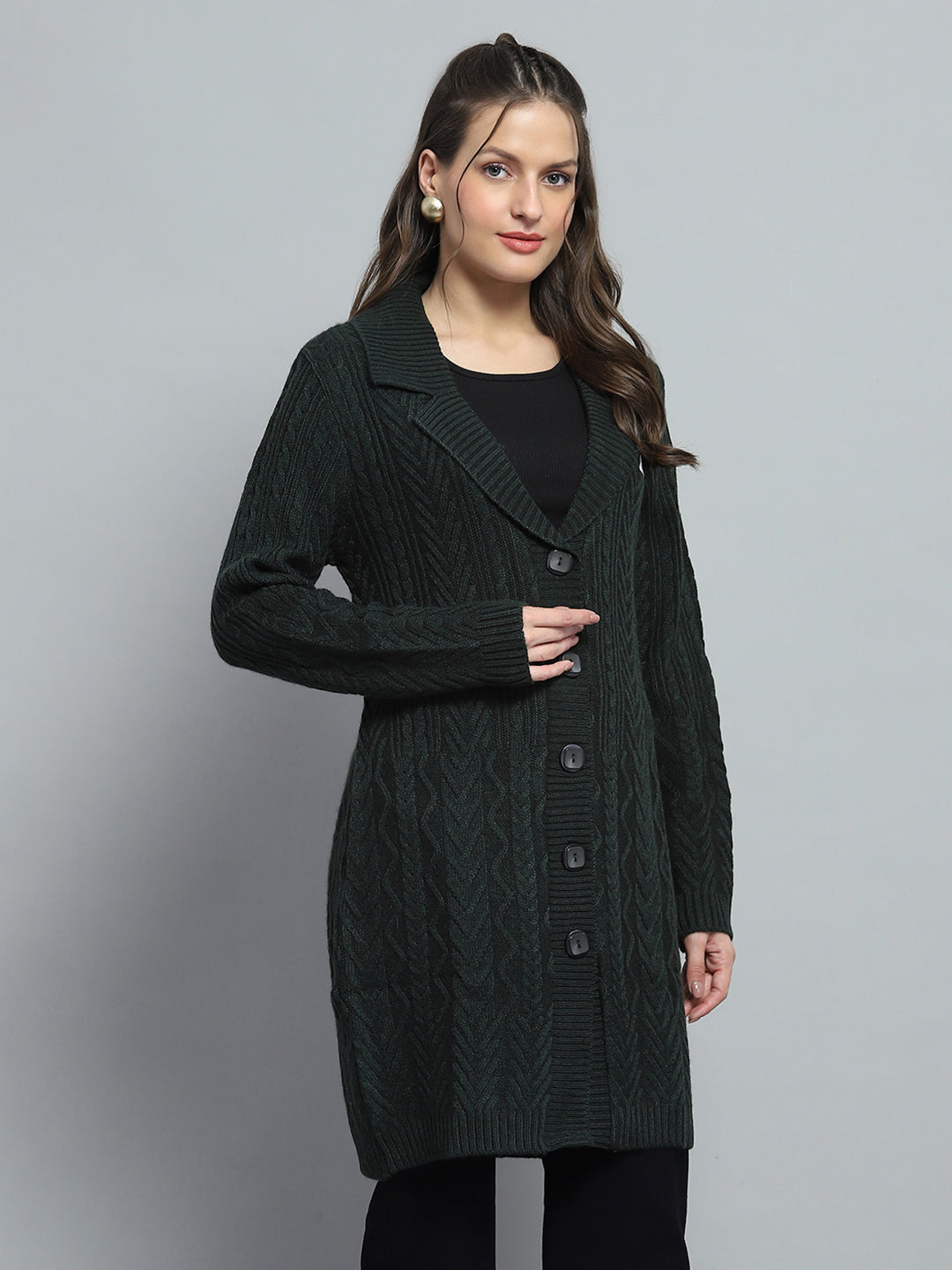 Women Green Self Design Notch Lapel Collar Full Sleeve Cardigan