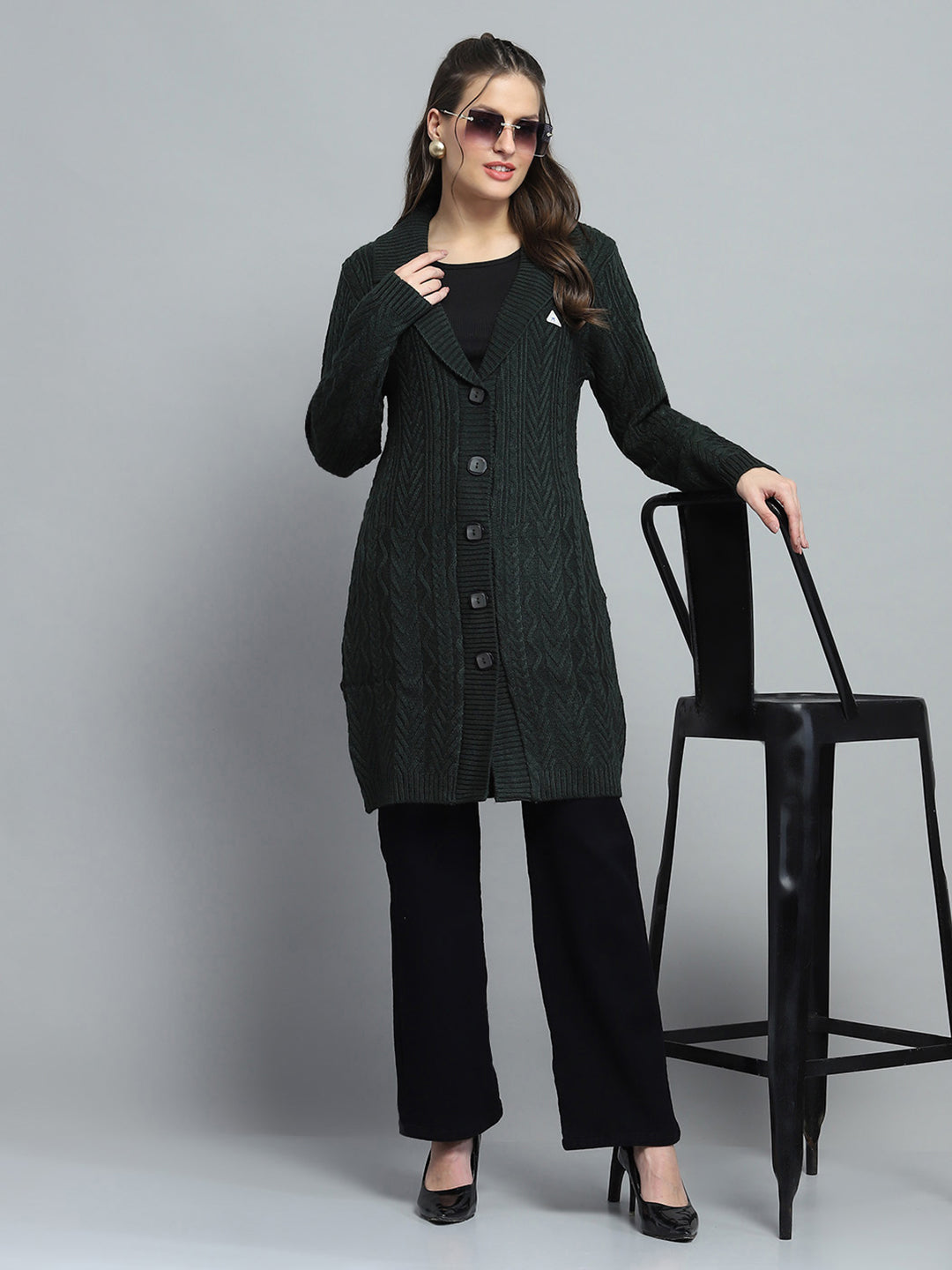 Women Green Self Design Notch Lapel Collar Full Sleeve Cardigan