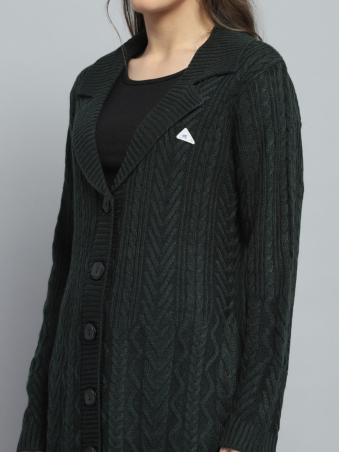 Women Green Self Design Notch Lapel Collar Full Sleeve Cardigan