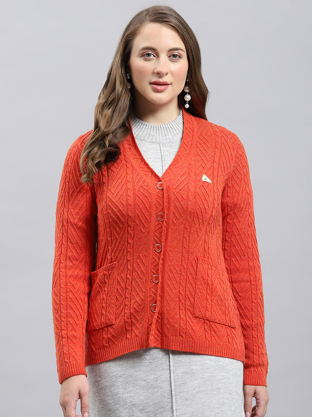 Women Orange Self Design V Neck Full Sleeve Cardigan