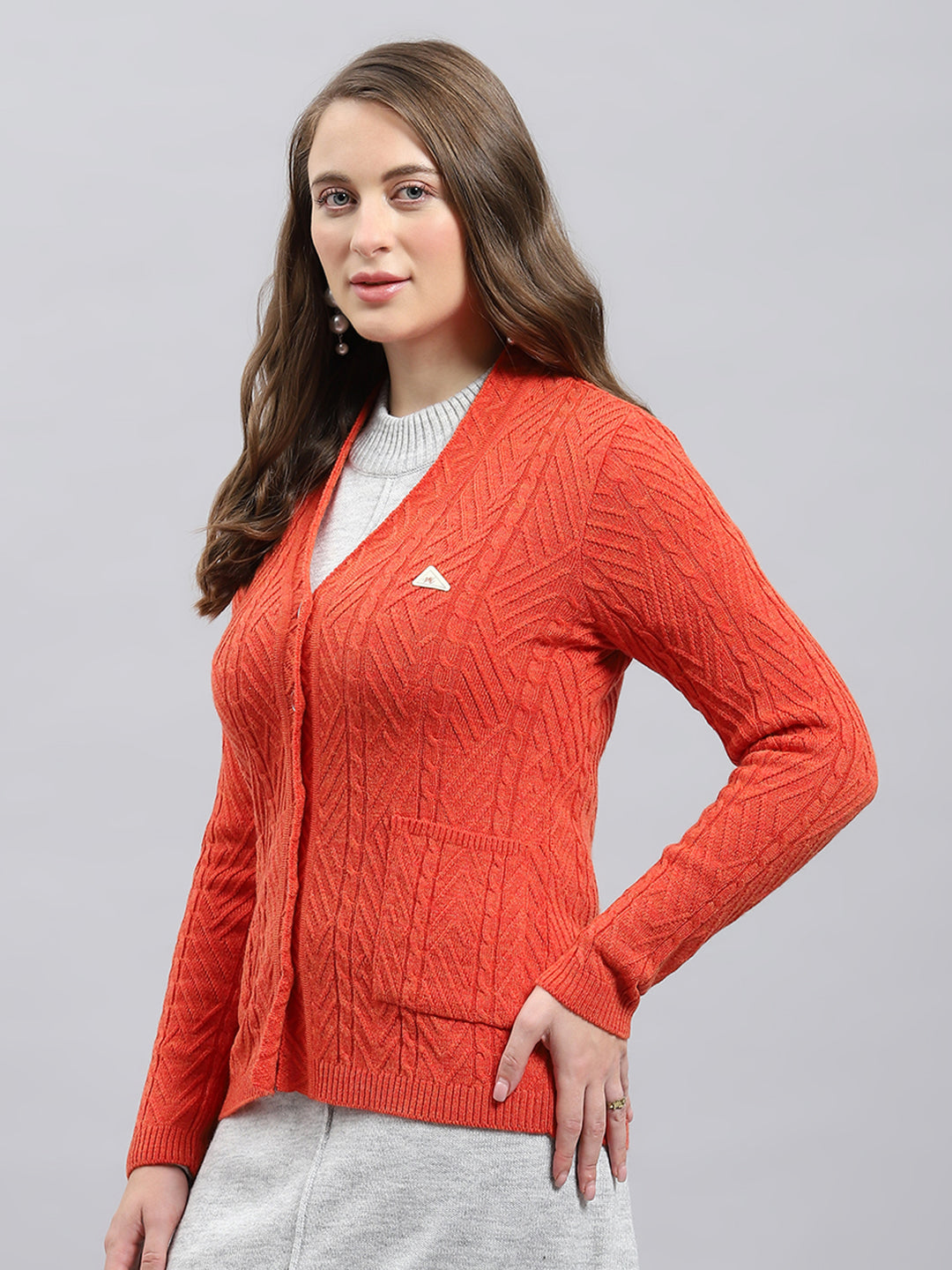Women Orange Self Design V Neck Full Sleeve Cardigan