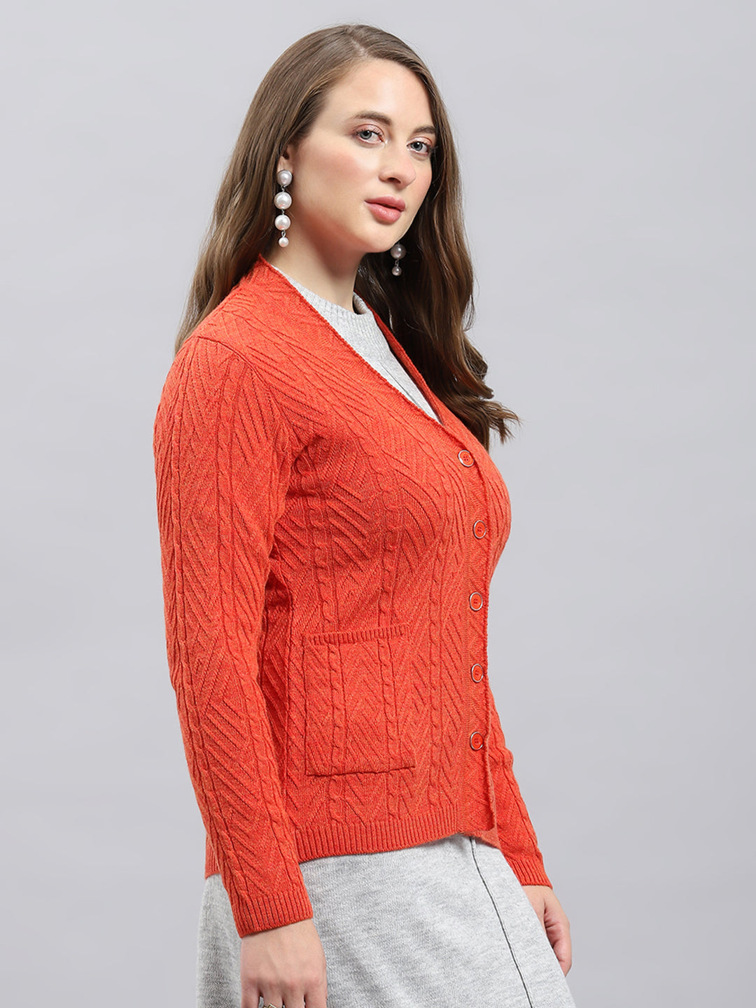Women Orange Self Design V Neck Full Sleeve Cardigan