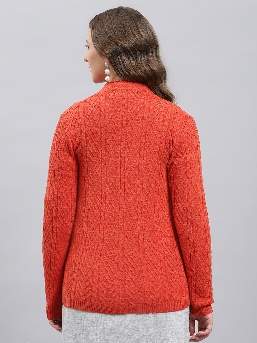 Women Orange Self Design V Neck Full Sleeve Cardigan